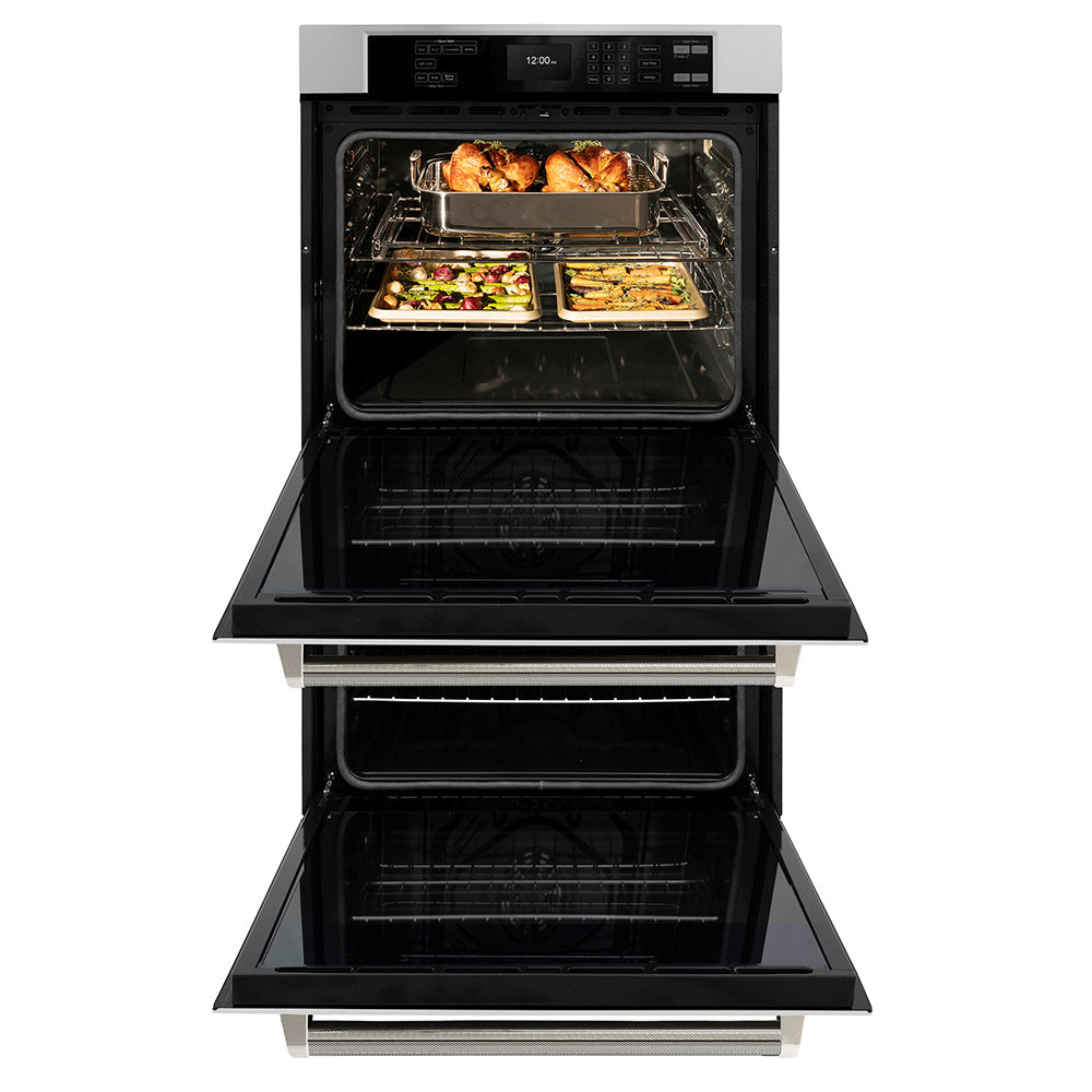 ZLINE Autograph 30" Professional True Convection Double Wall Oven with Air Fry and Self Clean in Stainless Steel with Polished Nickel Helix Handles, WADZ-30-KPN