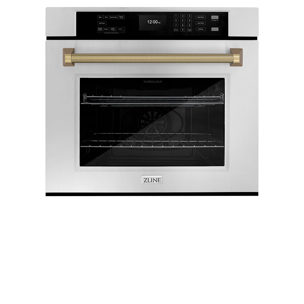 ZLINE Autograph 30" Professional True Convection Single Wall Oven with Air Fry and Self Clean in Stainless Steel with Champagne Bronze Helix Handle, WASZ-30-KCB