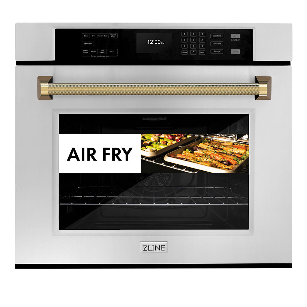 ZLINE Autograph 30" Professional True Convection Single Wall Oven with Air Fry and Self Clean in Stainless Steel with Polished Gold Helix Handle, WASZ-30-KG