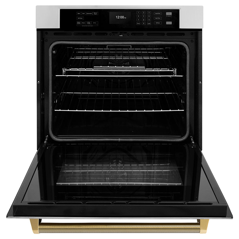 ZLINE Autograph 30" Professional True Convection Single Wall Oven with Air Fry and Self Clean in Stainless Steel with Polished Gold Helix Handle, WASZ-30-KG