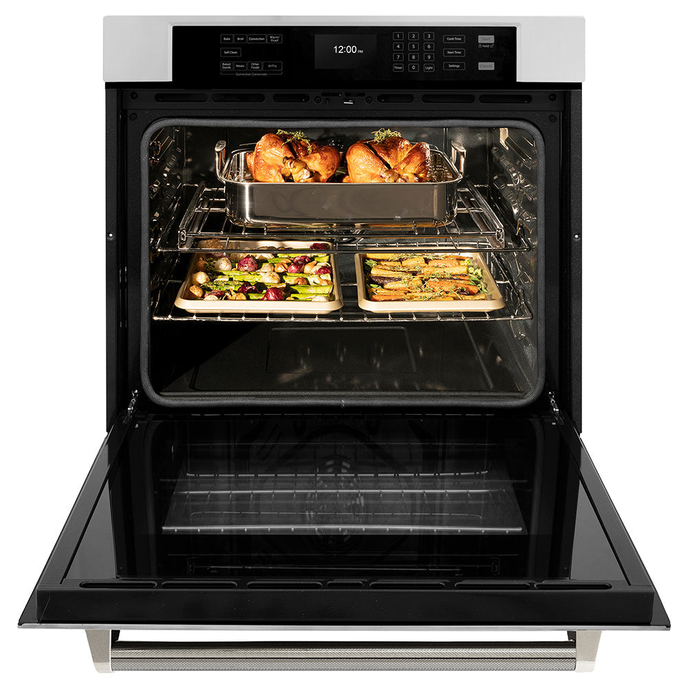 ZLINE Autograph 30" Professional True Convection Single Wall Oven with Air Fry and Self Clean in Stainless Steel with Polished Nickel Helix Handle, WASZ-30-KPN
