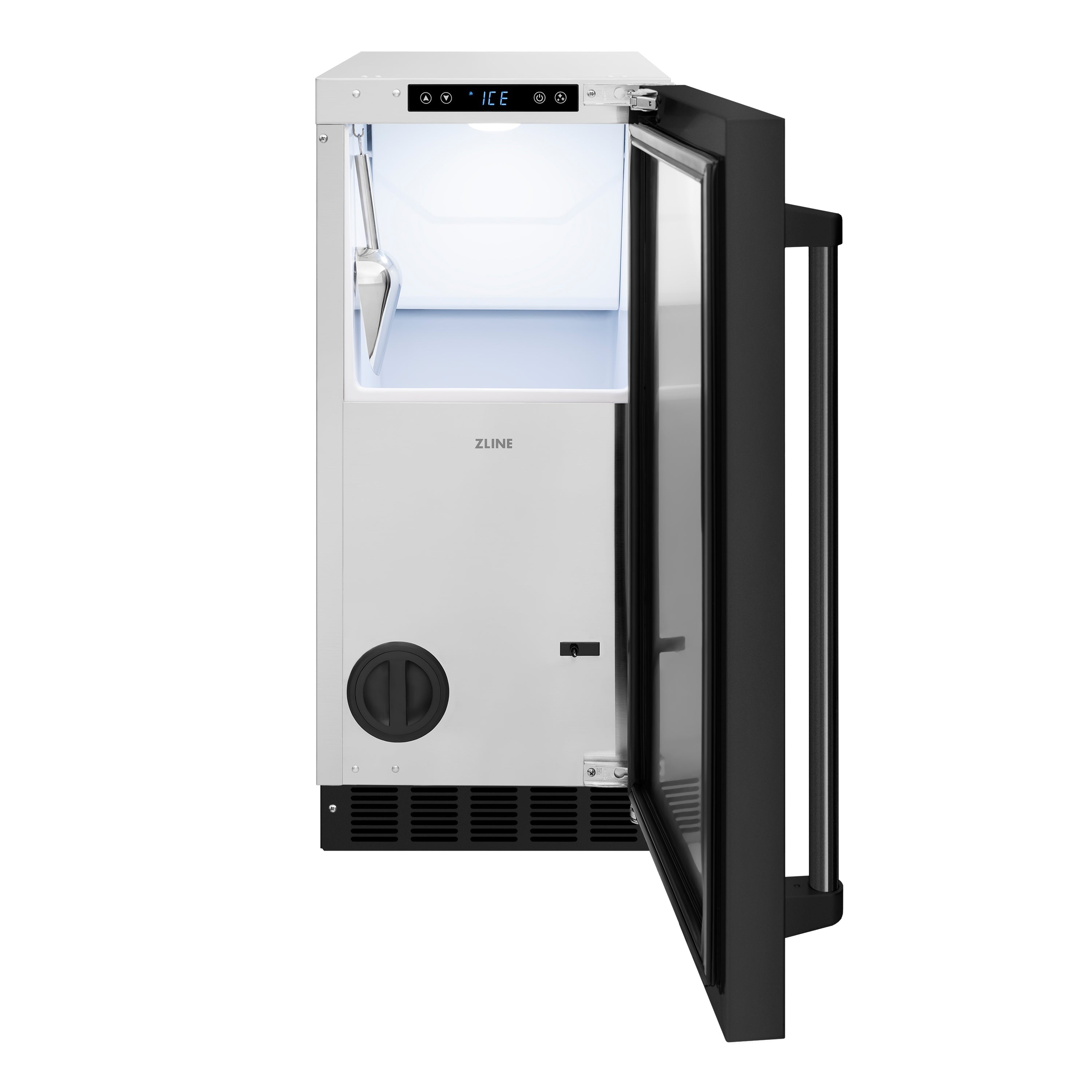 ZLINE 15" Touchstone Clear Cube Ice Maker with Drain Pump and Black Stainless Steel Door, ICCD-BS-15