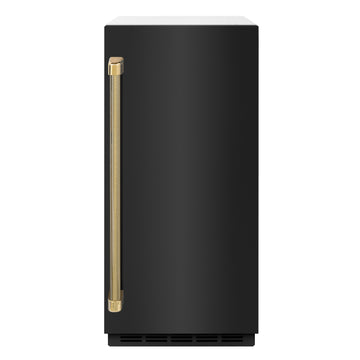 ZLINE Autograph 15" Touchstone Clear Cube Ice Maker with Drain Pump and Black Stainless Steel Door with Polished Gold Helix Handle, ICCDZ-BS-15-KG
