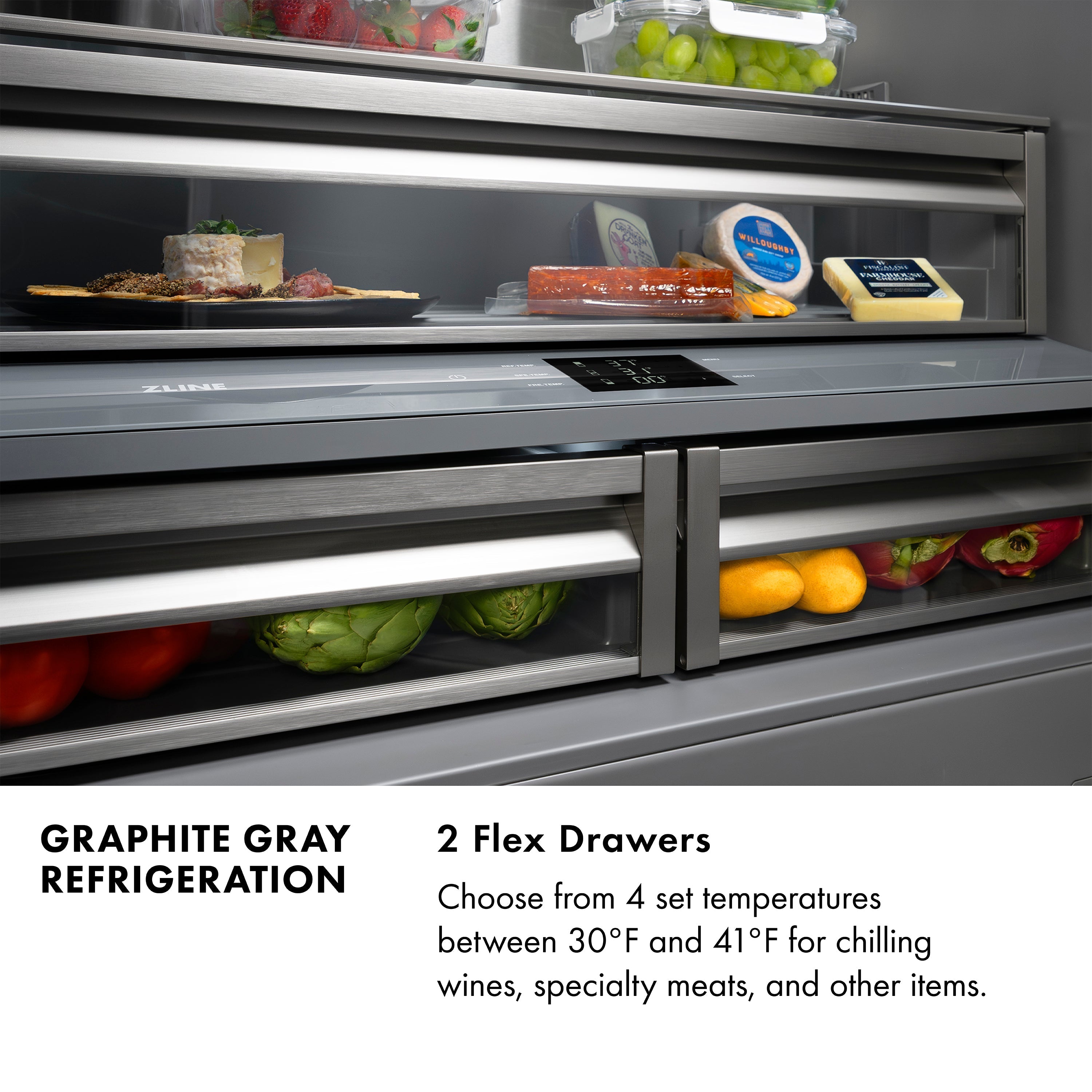 ZLINE 36 in. French Door Built-In Bottom Freezer Refrigerator 19.6 Cu. Ft. Water Dispenser Ice Maker Black Stainless Steel Graphite Gray Interior Polished Gold Helix Handles (GRBIVZ-BS36KG)