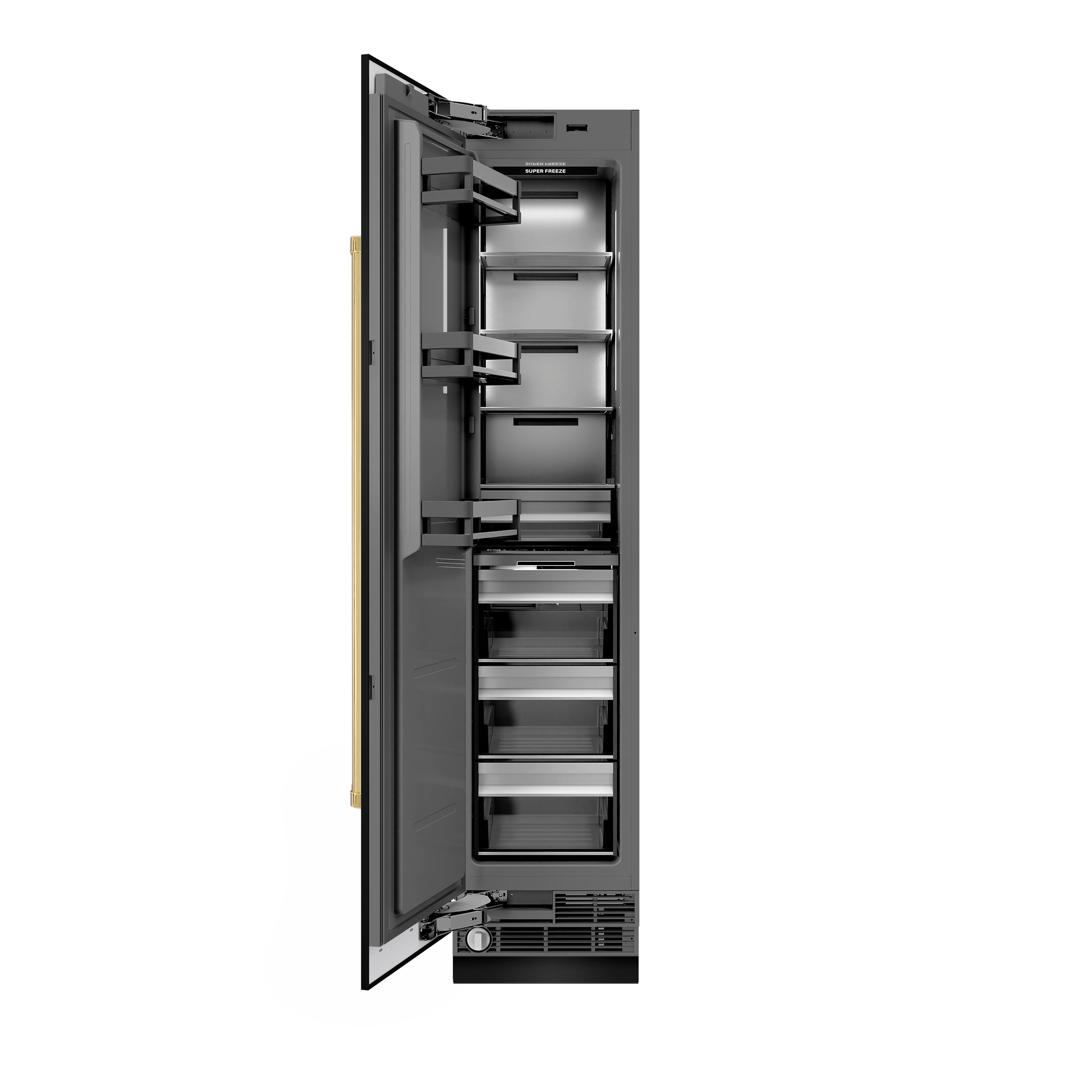 ZLINE Autograph 18" 8.6 cu. ft. Left Hinge Column Freezer in Black Stainless Steel with Graphite Gray Interior and Polished Gold Accents, RCFVLZ-BS-18-G