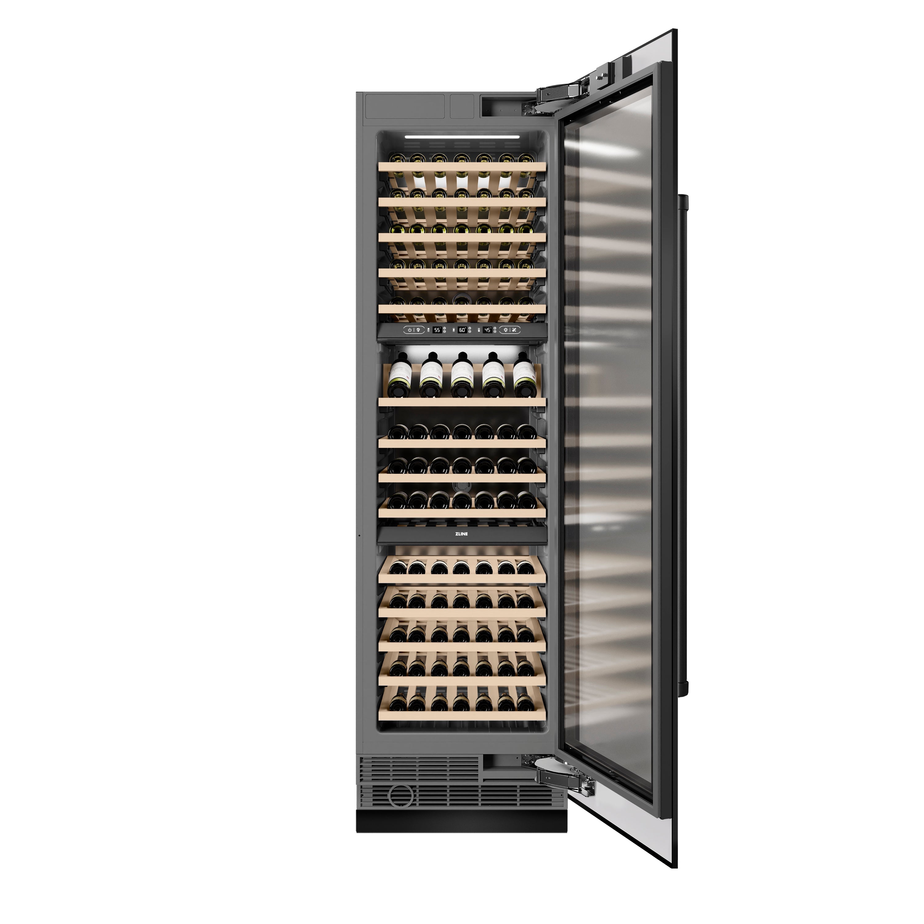 ZLINE 24" 12.4 cu. ft. Triple Zone 100 Bottle Column Wine Cooler in Black Stainless Steel, RCWV-BS-24