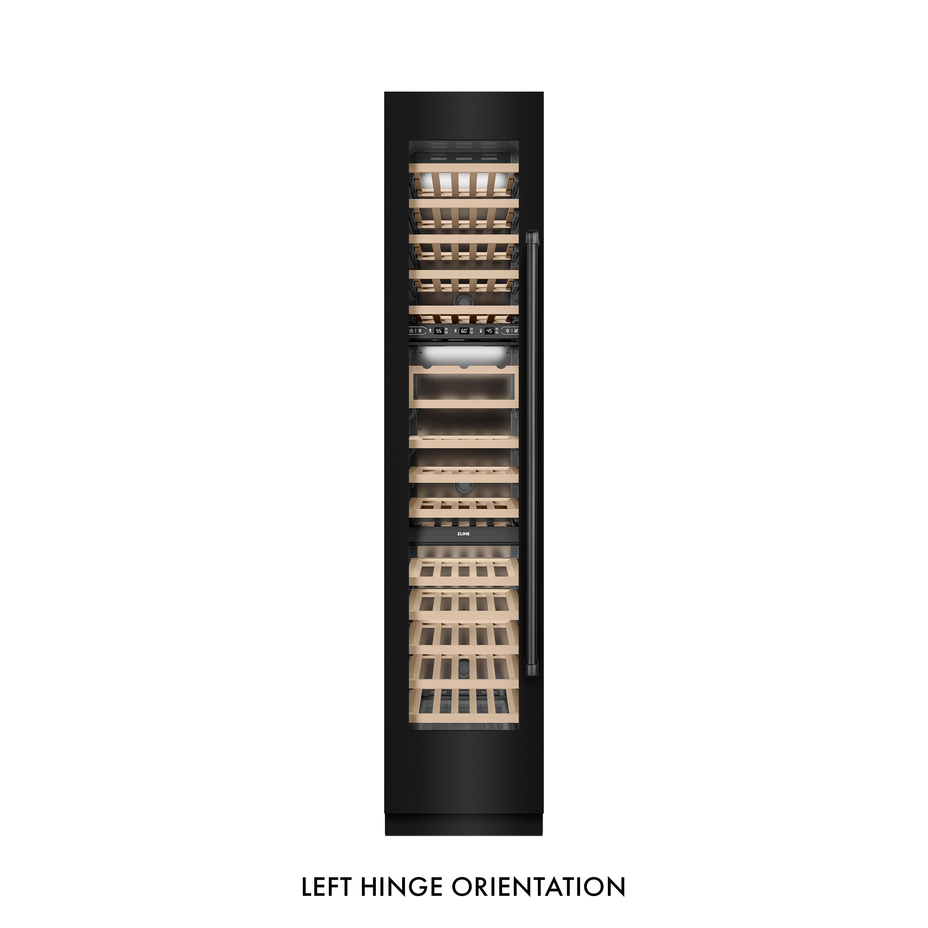 ZLINE 18" 9.0 cu. ft. Triple Zone 68 Bottle Left Hinge Column Wine Cooler in Black Stainless Steel, RCWVL-BS-18