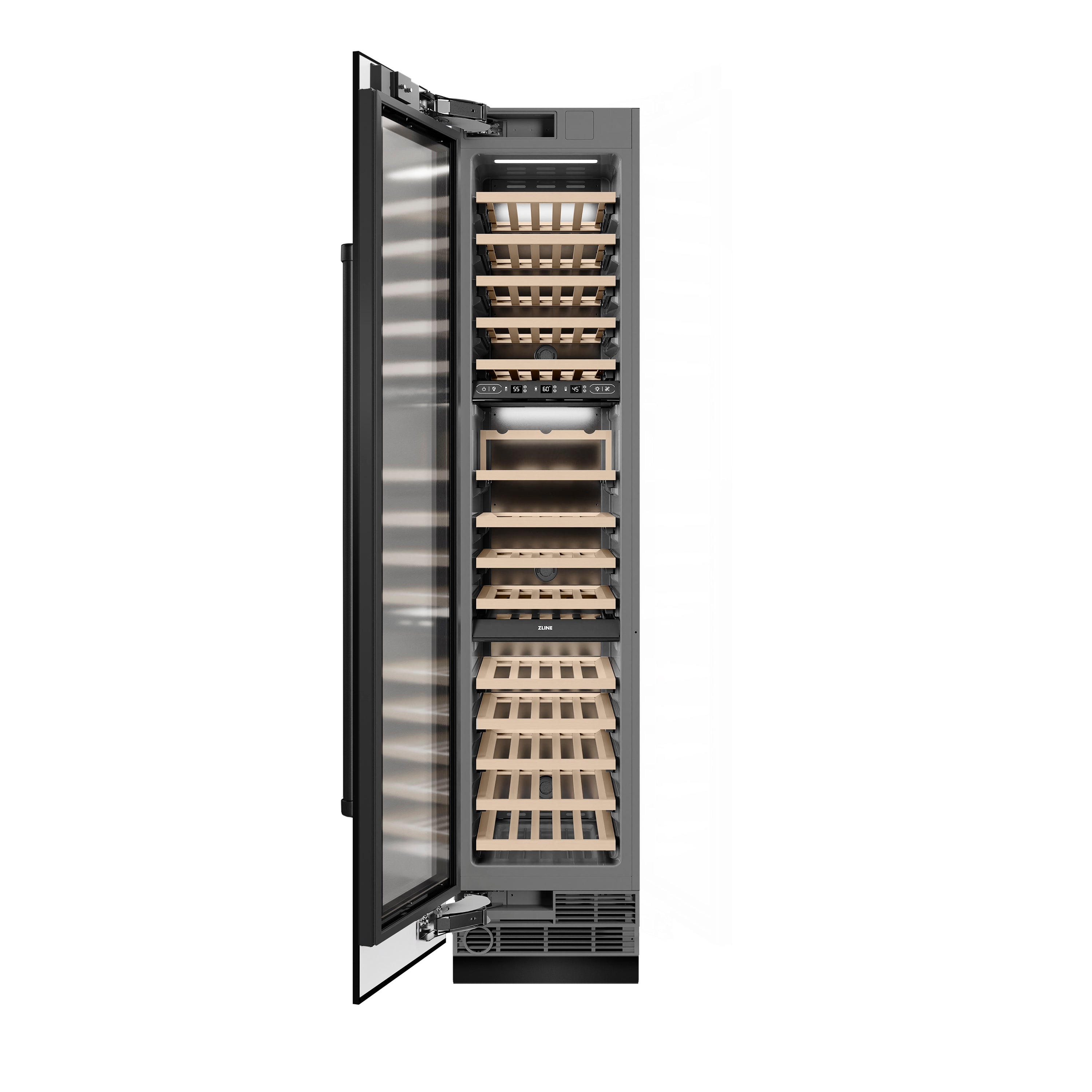ZLINE 18" 9.0 cu. ft. Triple Zone 68 Bottle Left Hinge Column Wine Cooler in Black Stainless Steel, RCWVL-BS-18