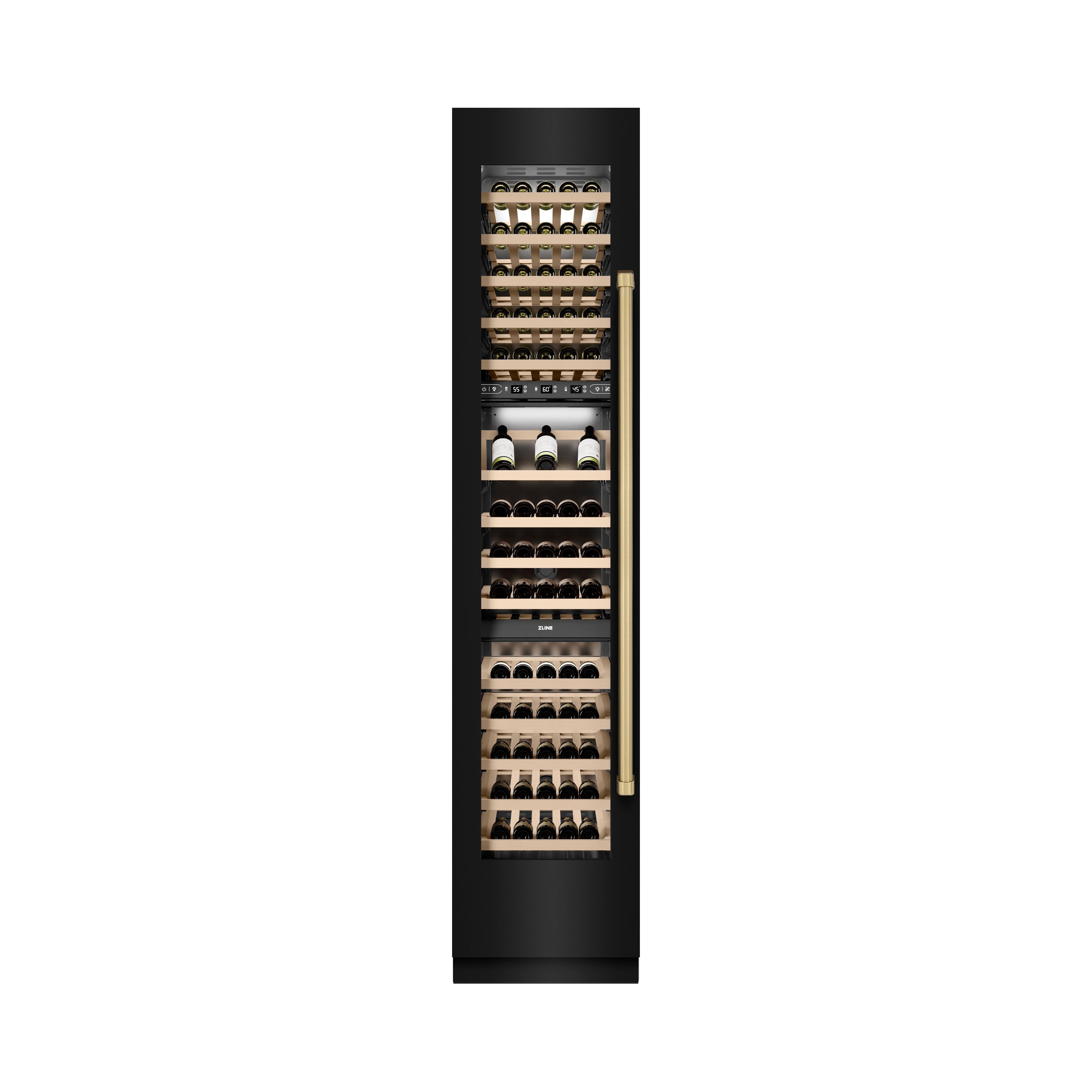 ZLINE Autograph 18" 9.0 cu. ft. Triple Zone 68 Bottle Left Hinge Column Wine Cooler in Black Stainless Steel with Champagne Bronze Accents, RCWVLZ-BS-18-CB