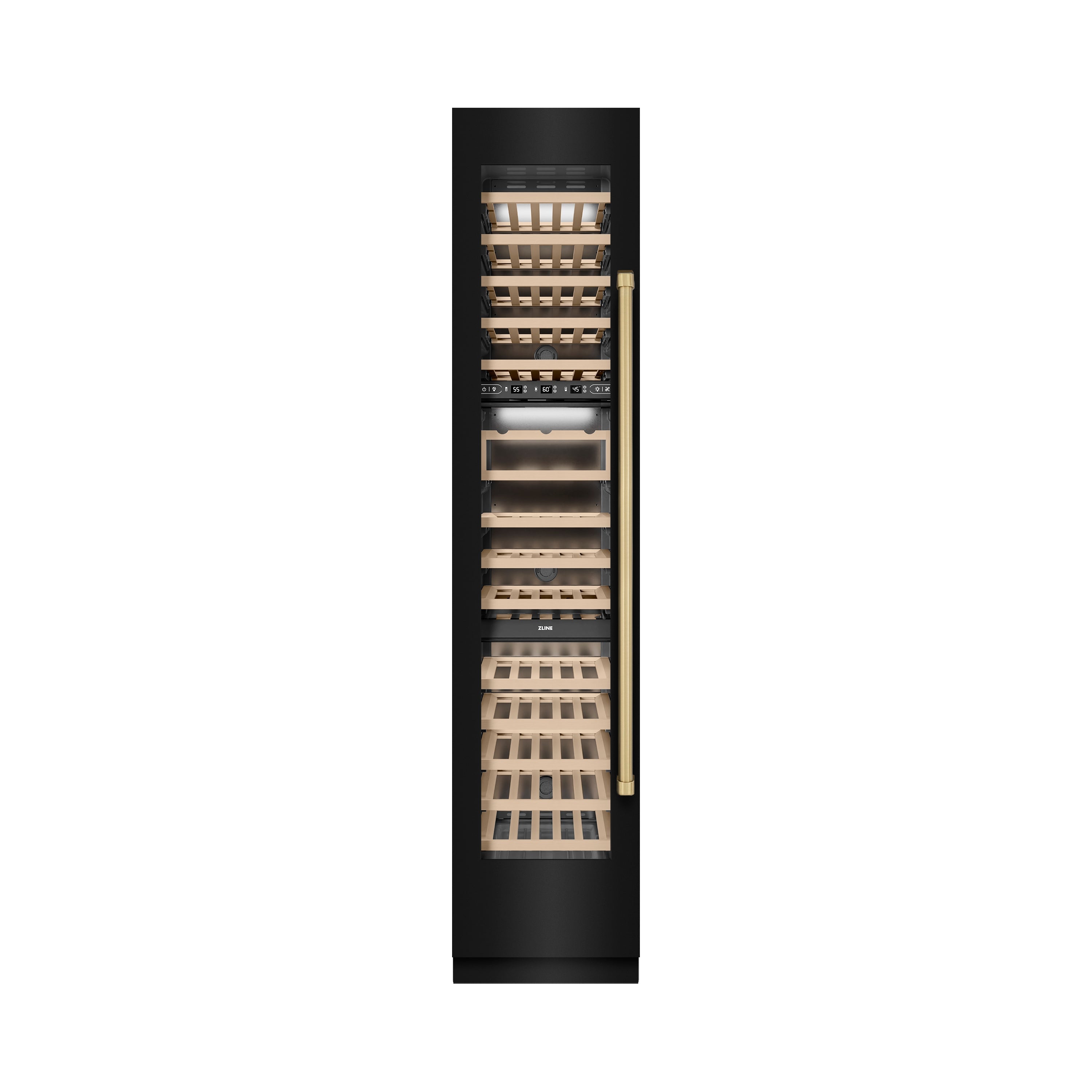 ZLINE Autograph 18" 9.0 cu. ft. Triple Zone 68 Bottle Left Hinge Column Wine Cooler in Black Stainless Steel with Champagne Bronze Accents, RCWVLZ-BS-18-CB