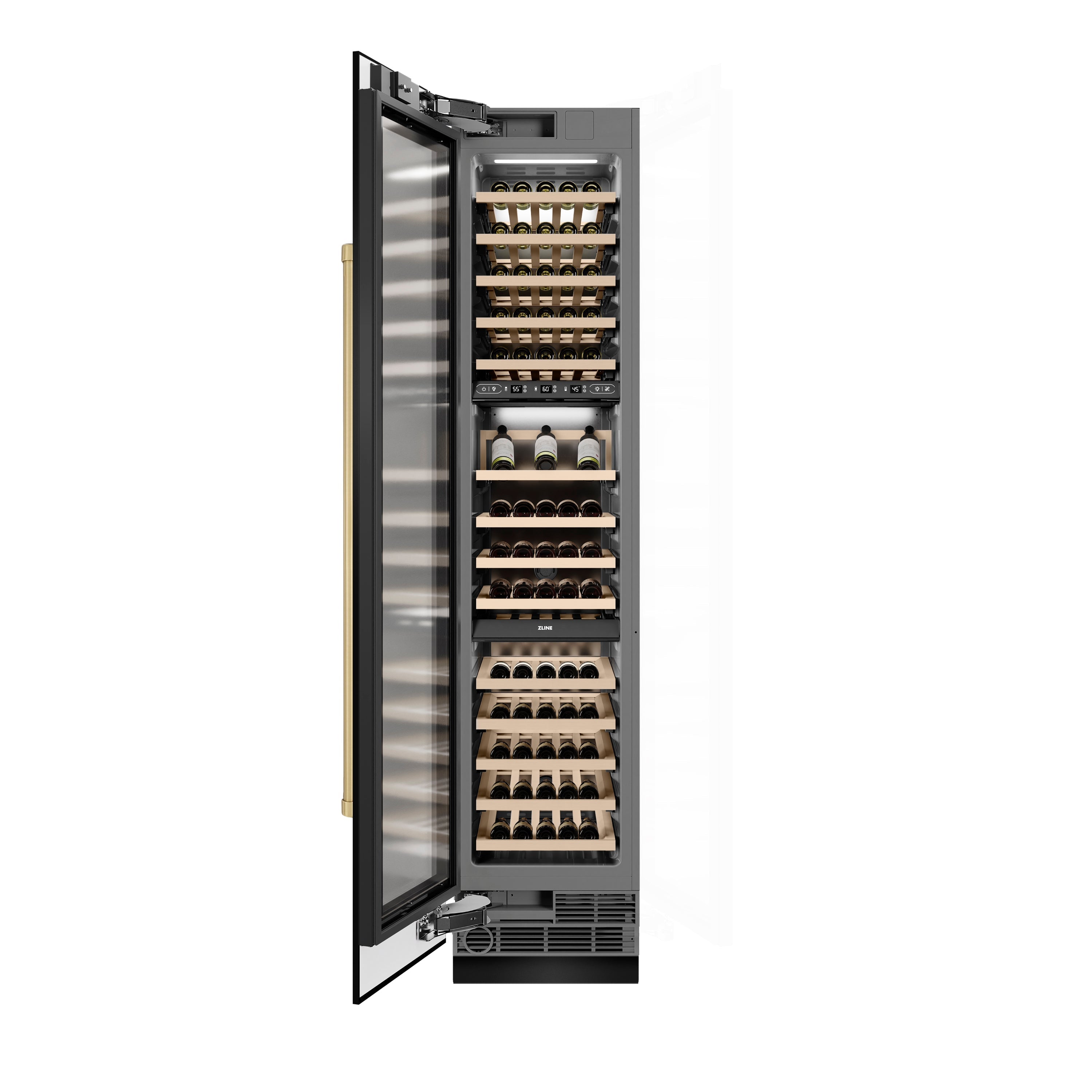 ZLINE Autograph 18" 9.0 cu. ft. Triple Zone 68 Bottle Left Hinge Column Wine Cooler in Black Stainless Steel with Champagne Bronze Accents, RCWVLZ-BS-18-CB