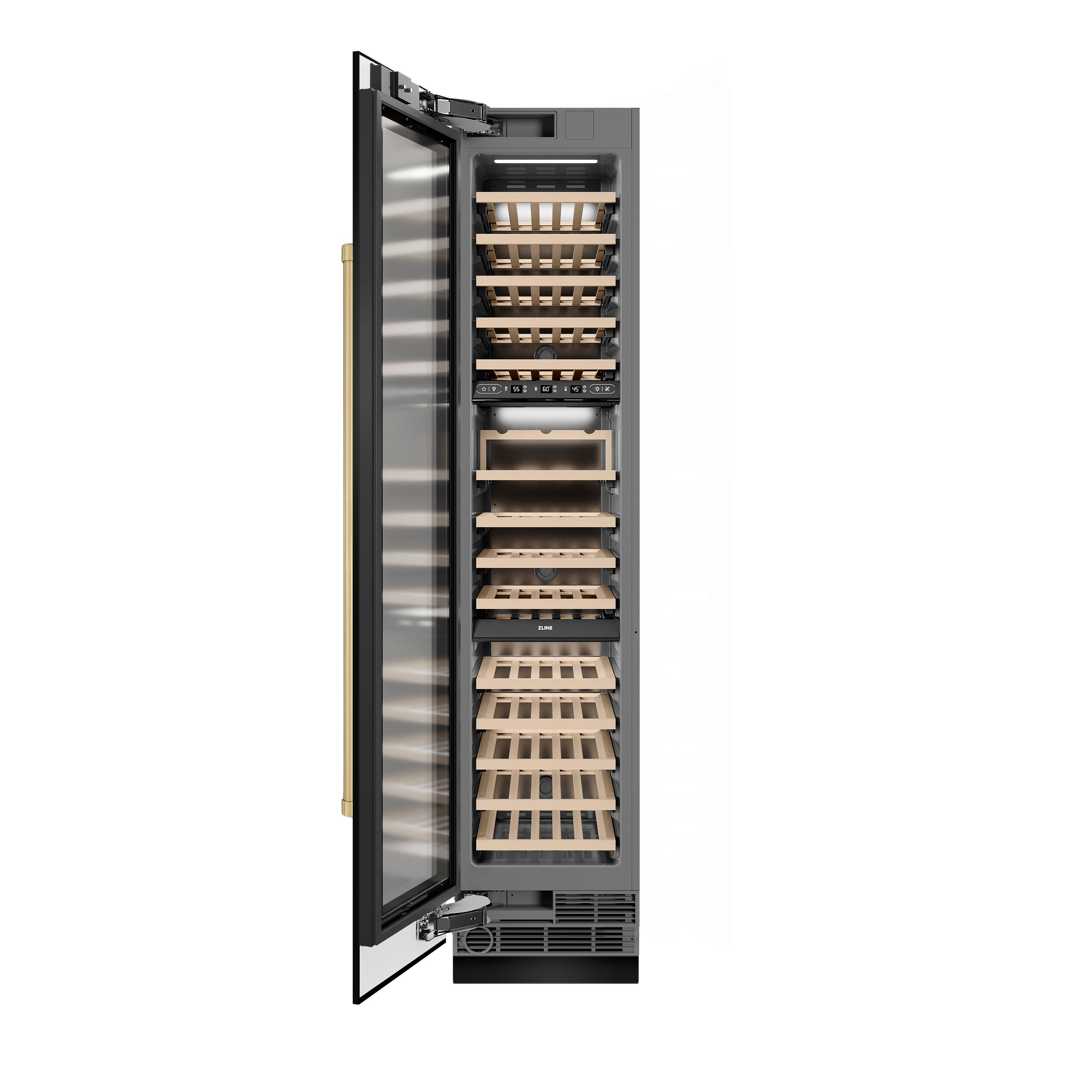 ZLINE Autograph 18" 9.0 cu. ft. Triple Zone 68 Bottle Left Hinge Column Wine Cooler in Black Stainless Steel with Champagne Bronze Accents, RCWVLZ-BS-18-CB