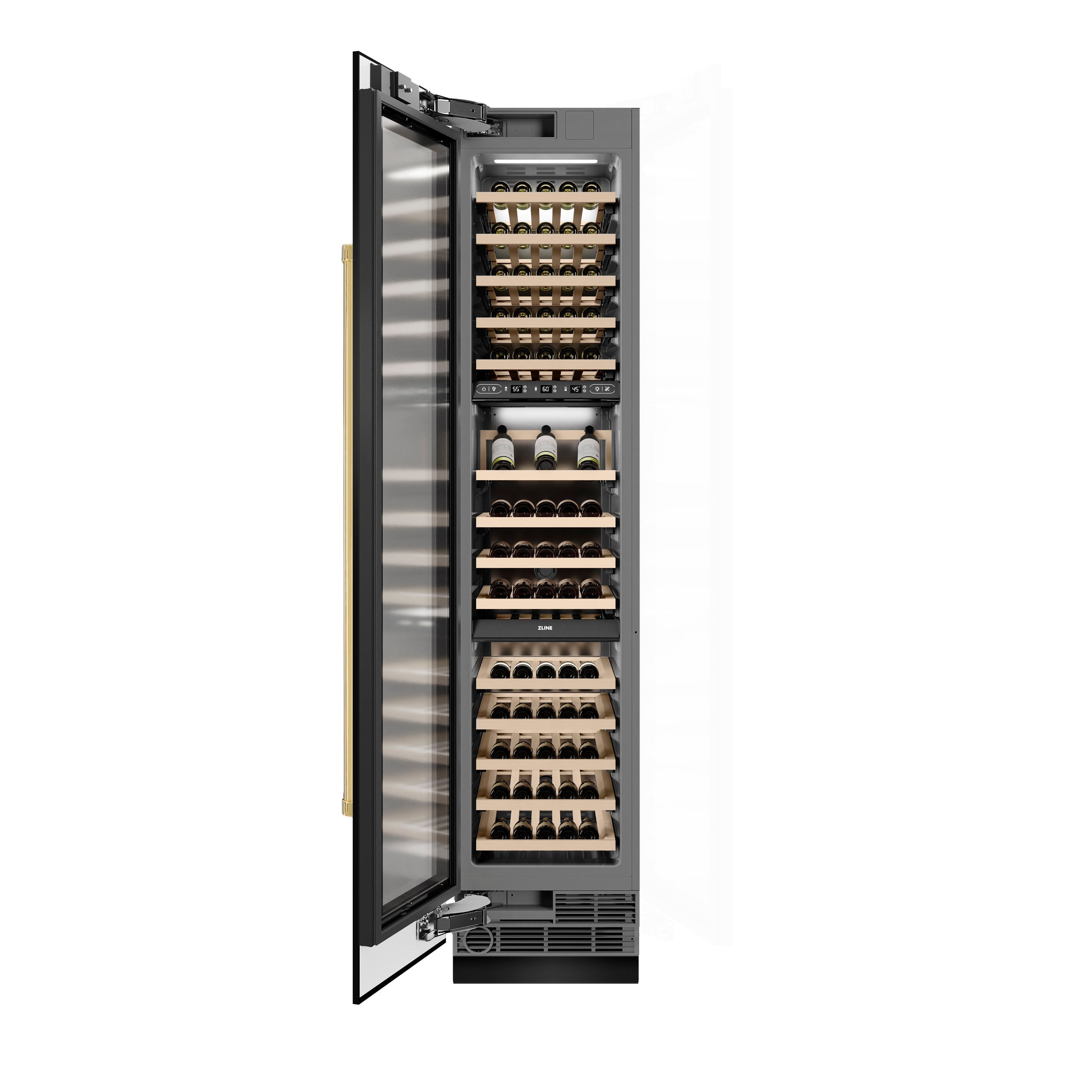 ZLINE Autograph 18" 9.0 cu. ft. Triple Zone 68 Bottle Left Hinge Column Wine Cooler in Black Stainless Steel with Polished Gold Accents, RCWVLZ-BS-18-G