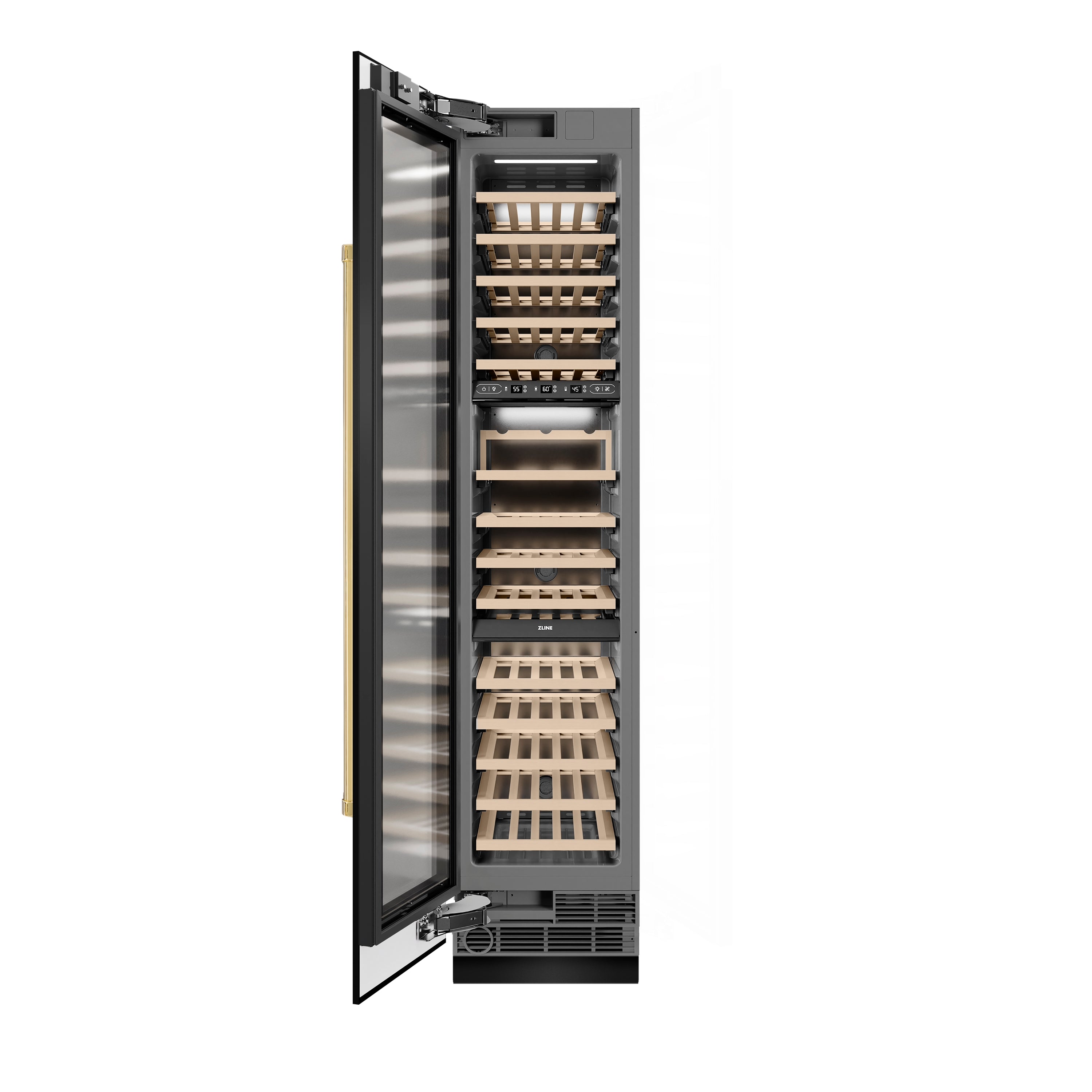 ZLINE Autograph 18" 9.0 cu. ft. Triple Zone 68 Bottle Left Hinge Column Wine Cooler in Black Stainless Steel with Polished Gold Accents, RCWVLZ-BS-18-G