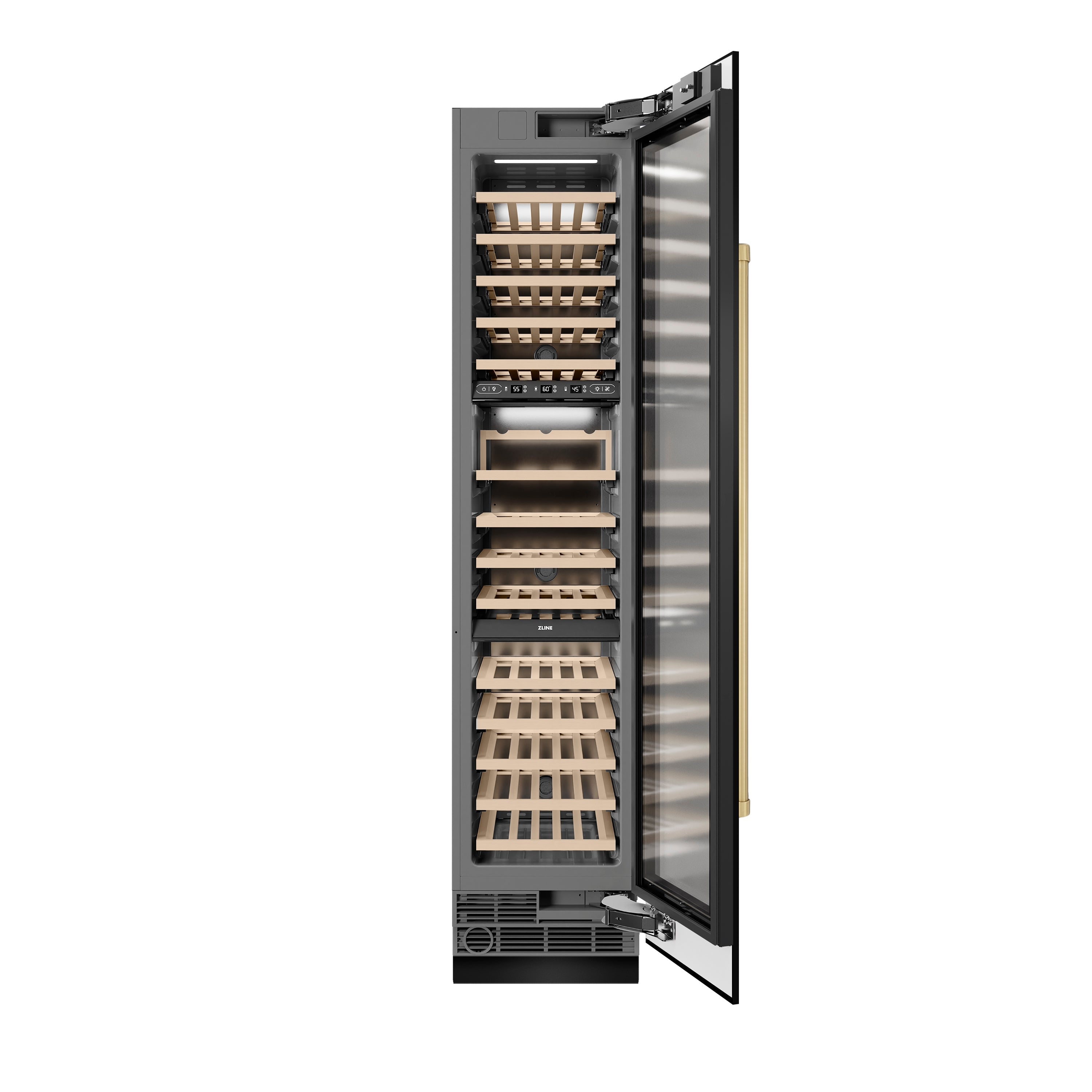 ZLINE Autograph 18" 9.0 cu. ft. Triple Zone 68 Bottle Right Hinge Column Wine Cooler in Black Stainless Steel with Champagne Bronze Accents, RCWVRZ-BS-18-CB
