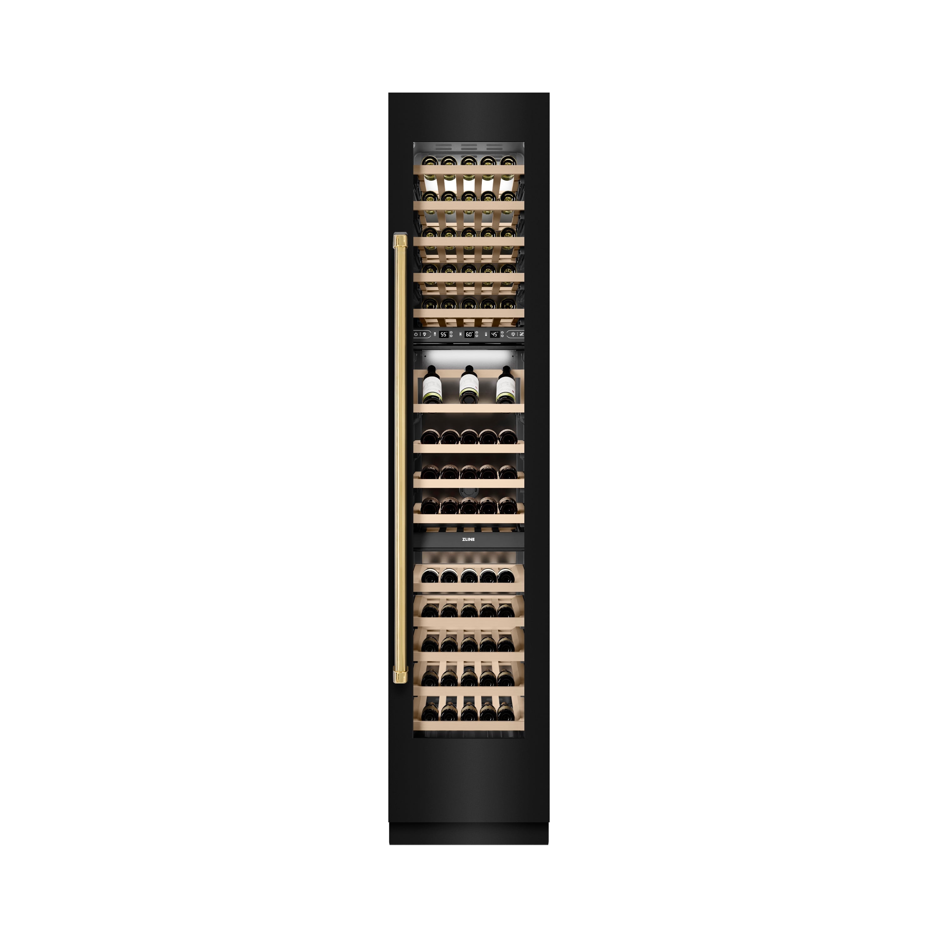ZLINE Autograph 18" 9.0 cu. ft. Triple Zone 68 Bottle Right Hinge Column Wine Cooler in Black Stainless Steel with Polished Gold Accents, RCWVRZ-BS-18-G