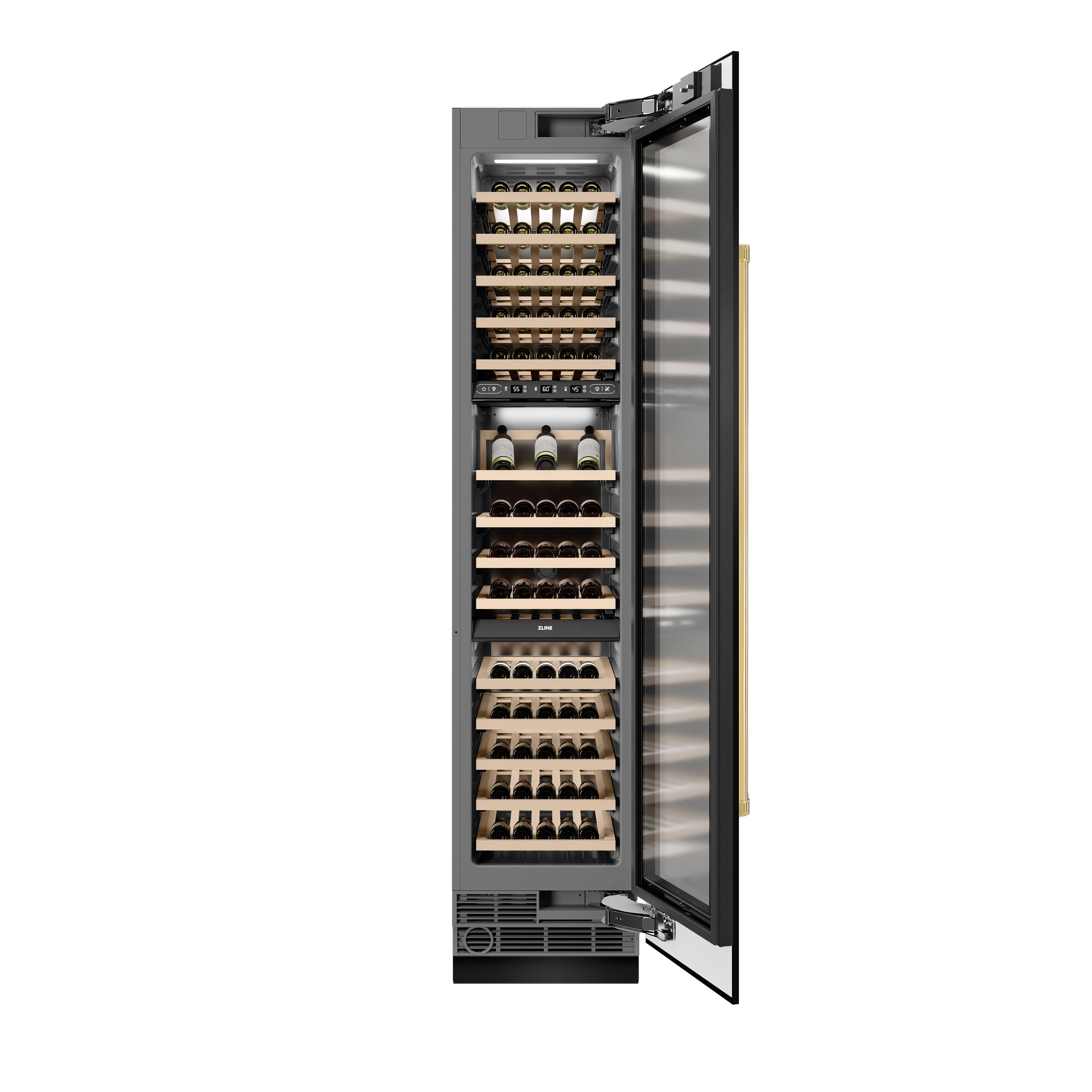 ZLINE Autograph 18" 9.0 cu. ft. Triple Zone 68 Bottle Right Hinge Column Wine Cooler in Black Stainless Steel with Polished Gold Accents, RCWVRZ-BS-18-G