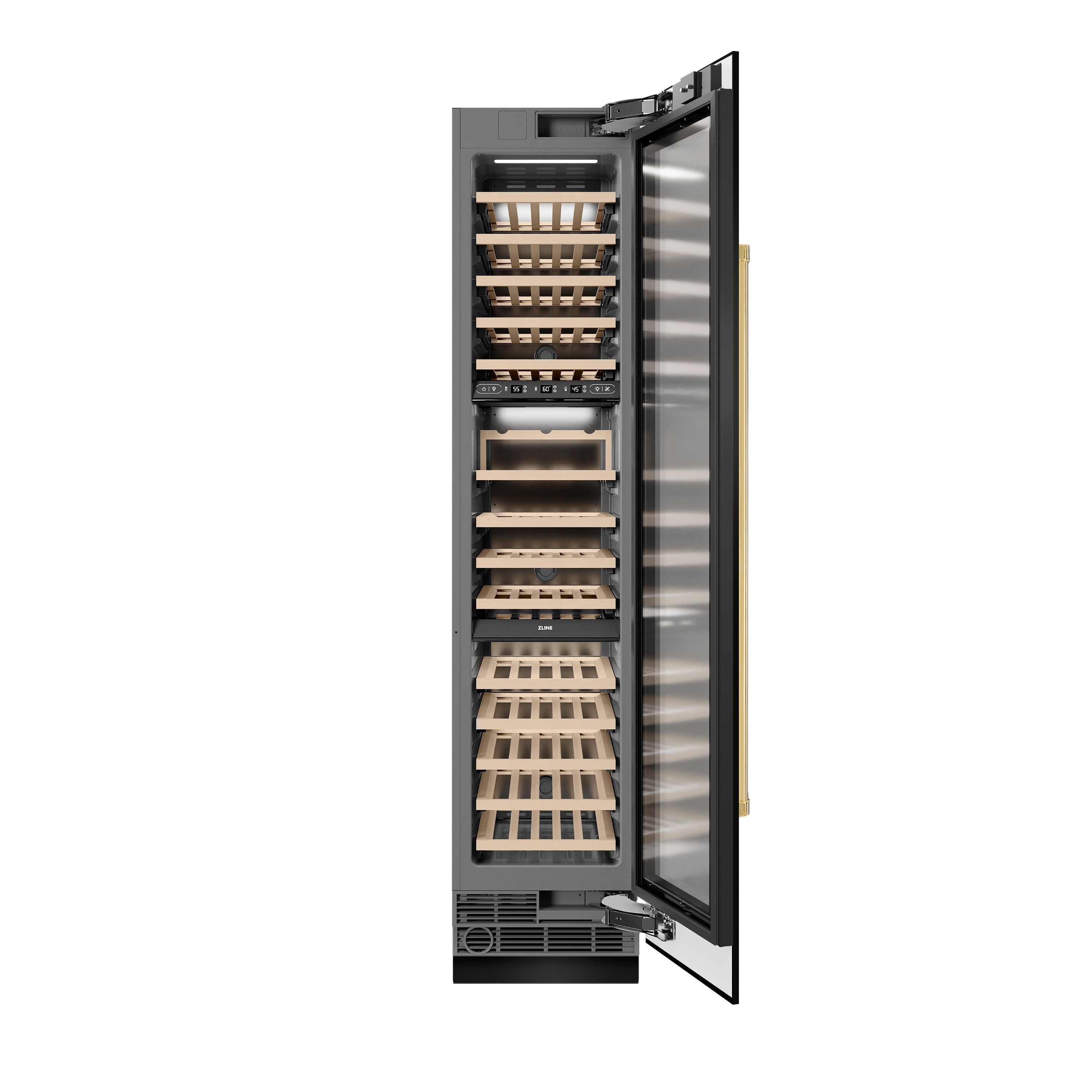 ZLINE Autograph 18" 9.0 cu. ft. Triple Zone 68 Bottle Right Hinge Column Wine Cooler in Black Stainless Steel with Polished Gold Accents, RCWVRZ-BS-18-G
