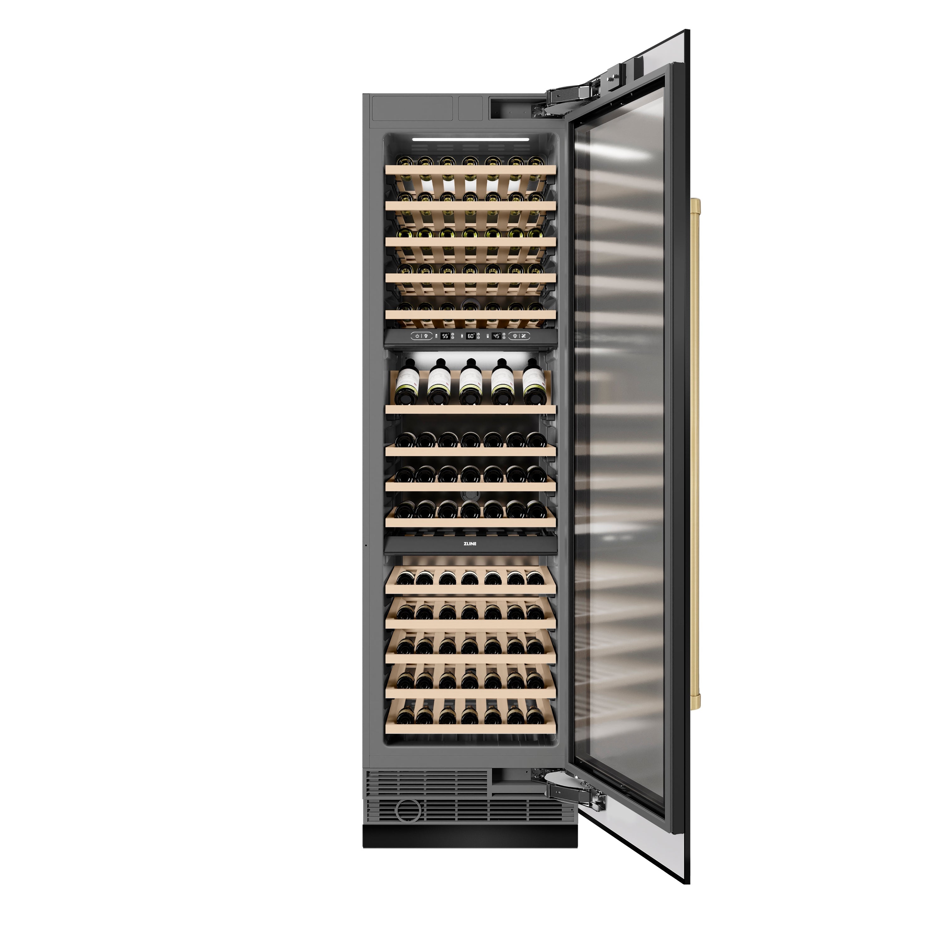 ZLINE Autograph 24" 12.4 cu. ft. Triple Zone 100 Bottle Column Wine Cooler in Black Stainless Steel and Champagne Bronze Accents, RCWVZ-BS-24-CB