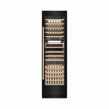ZLINE Autograph 24" 12.4 cu. ft. Triple Zone 100 Bottle Column Wine Cooler in Black Stainless Steel and Polished Gold Accents, RCWVZ-BS-24-G