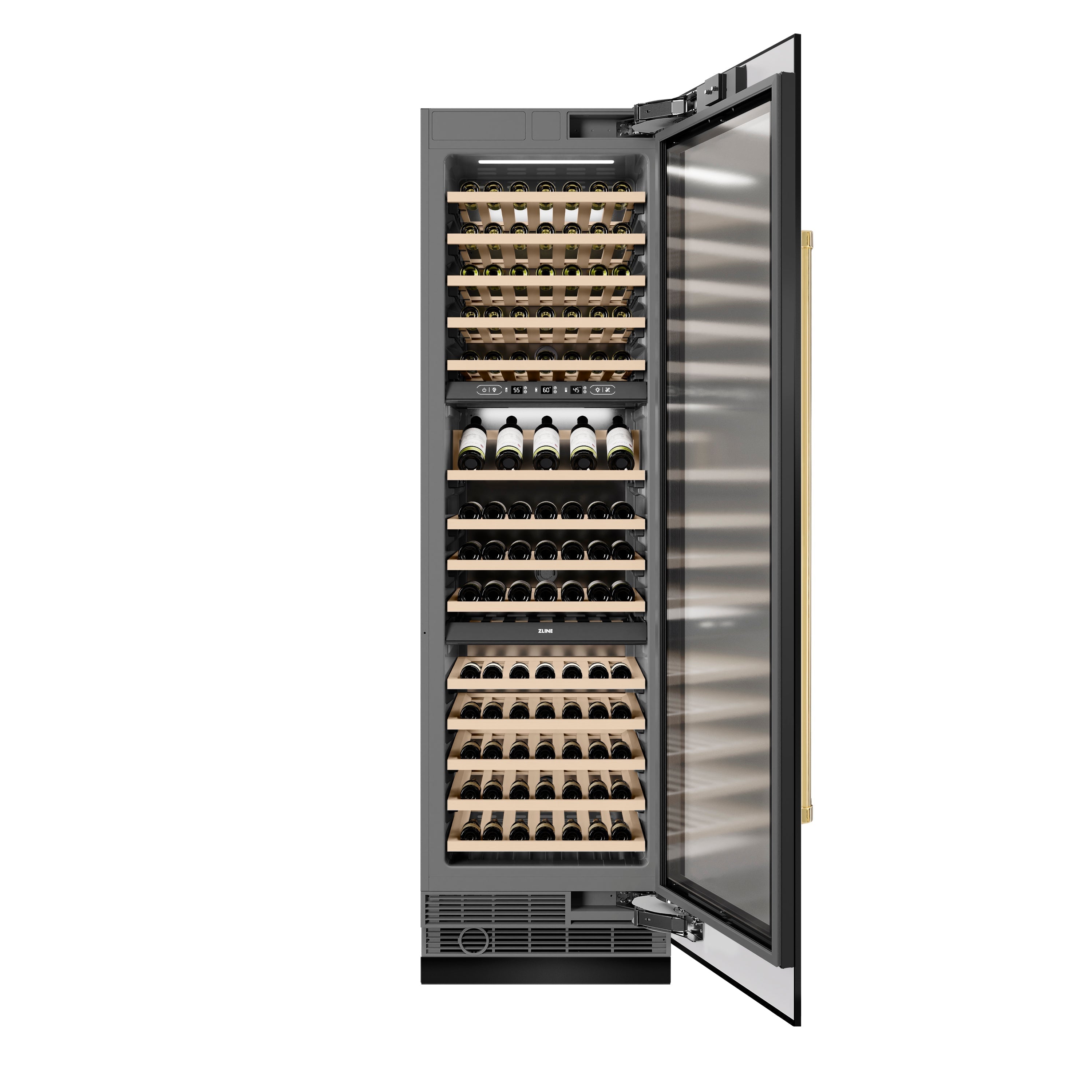 ZLINE Autograph 24" 12.4 cu. ft. Triple Zone 100 Bottle Column Wine Cooler in Black Stainless Steel and Polished Gold Accents, RCWVZ-BS-24-G