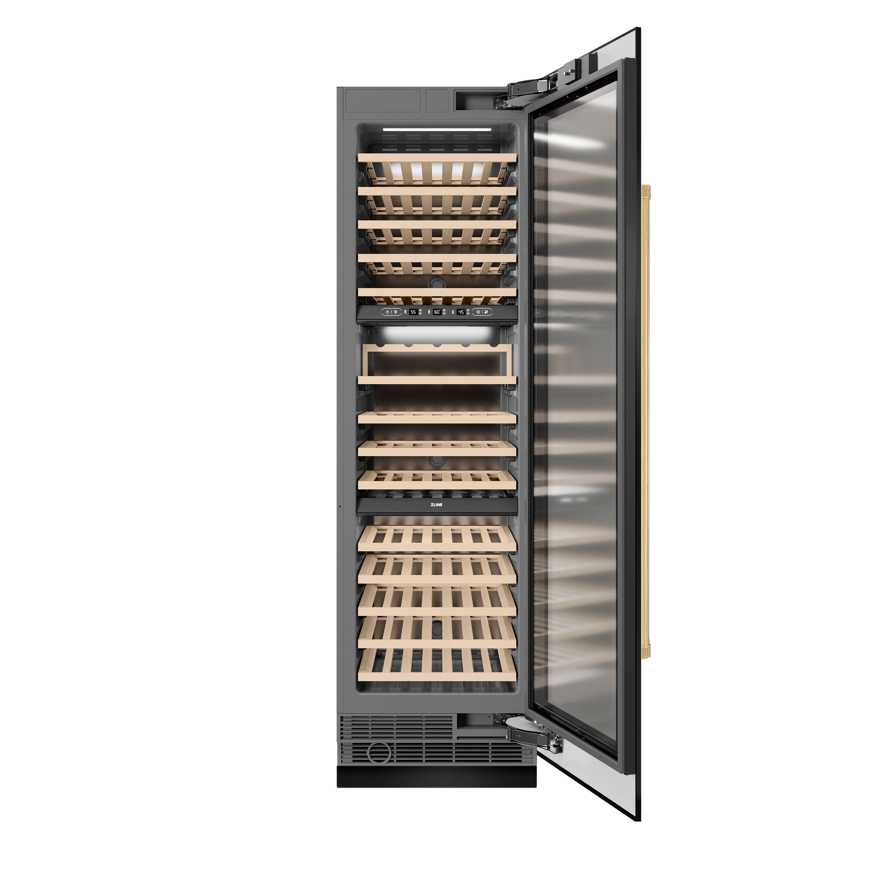 ZLINE Autograph 24" 12.4 cu. ft. Triple Zone 100 Bottle Column Wine Cooler in Black Stainless Steel and Polished Gold Accents, RCWVZ-BS-24-G