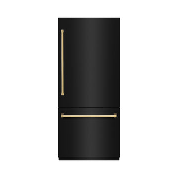 ZLINE 36 in. Built-In Bottom Freezer Refrigerator 19.8 cu. ft. Water Dispenser Ice Maker Black Stainless Steel Graphite Gray Interior Polished Gold Accents (GRBITZ-BS-36-G)