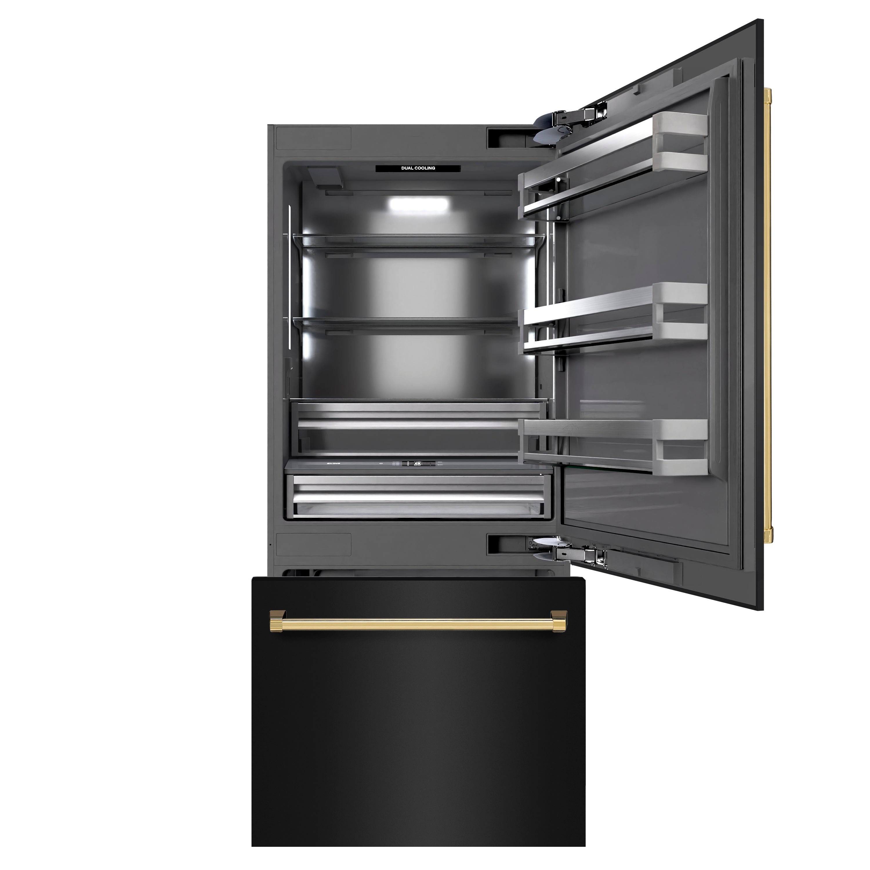 ZLINE 36 in. Built-In Bottom Freezer Refrigerator 19.8 cu. ft. Water Dispenser Ice Maker Black Stainless Steel Graphite Gray Interior Polished Gold Accents (GRBITZ-BS-36-G)