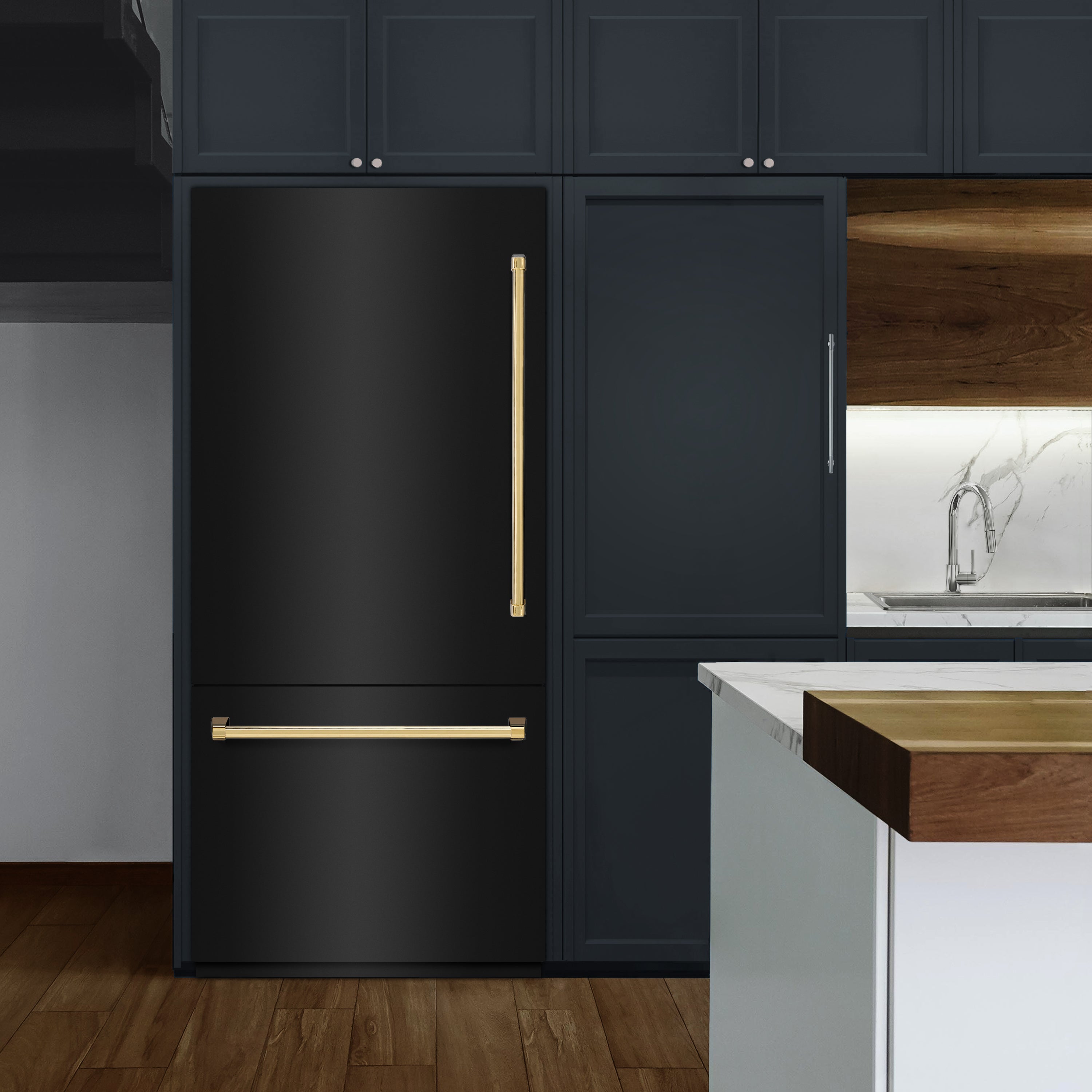 ZLINE 36 in. Built-In Bottom Freezer Refrigerator 19.8 cu. ft. Water Dispenser Ice Maker Black Stainless Steel Graphite Gray Interior Polished Gold Accents (GRBITZ-BS-36-G)