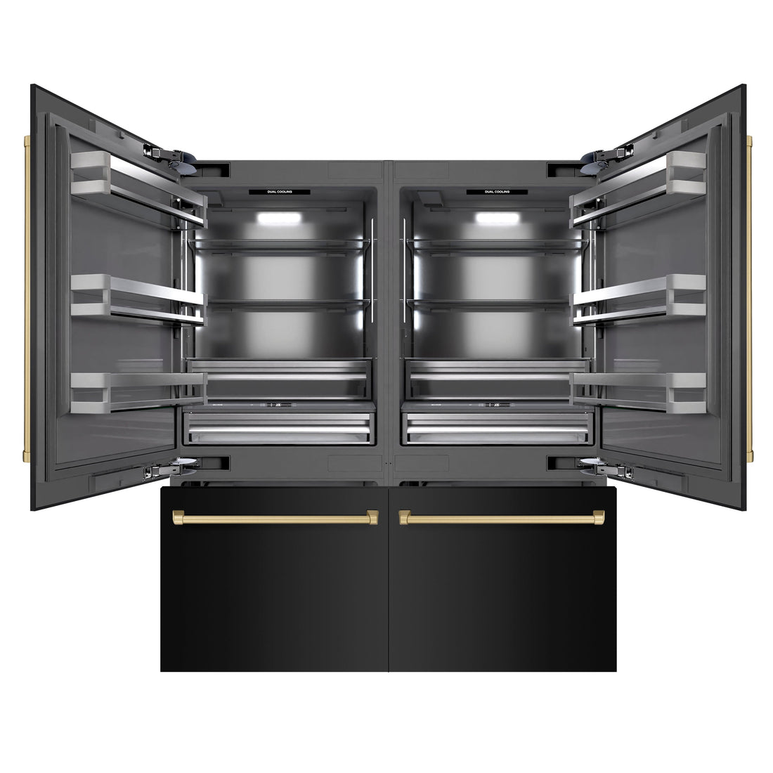 ZLINE 72 in. French Door Built-In Bottom Freezer Refrigerator 39.6 Cu. Ft. Water Dispensers Ice Makers Black Stainless Steel Graphite Gray Interior Champagne Bronze Accents (GRBITZ-BS-72-CB)