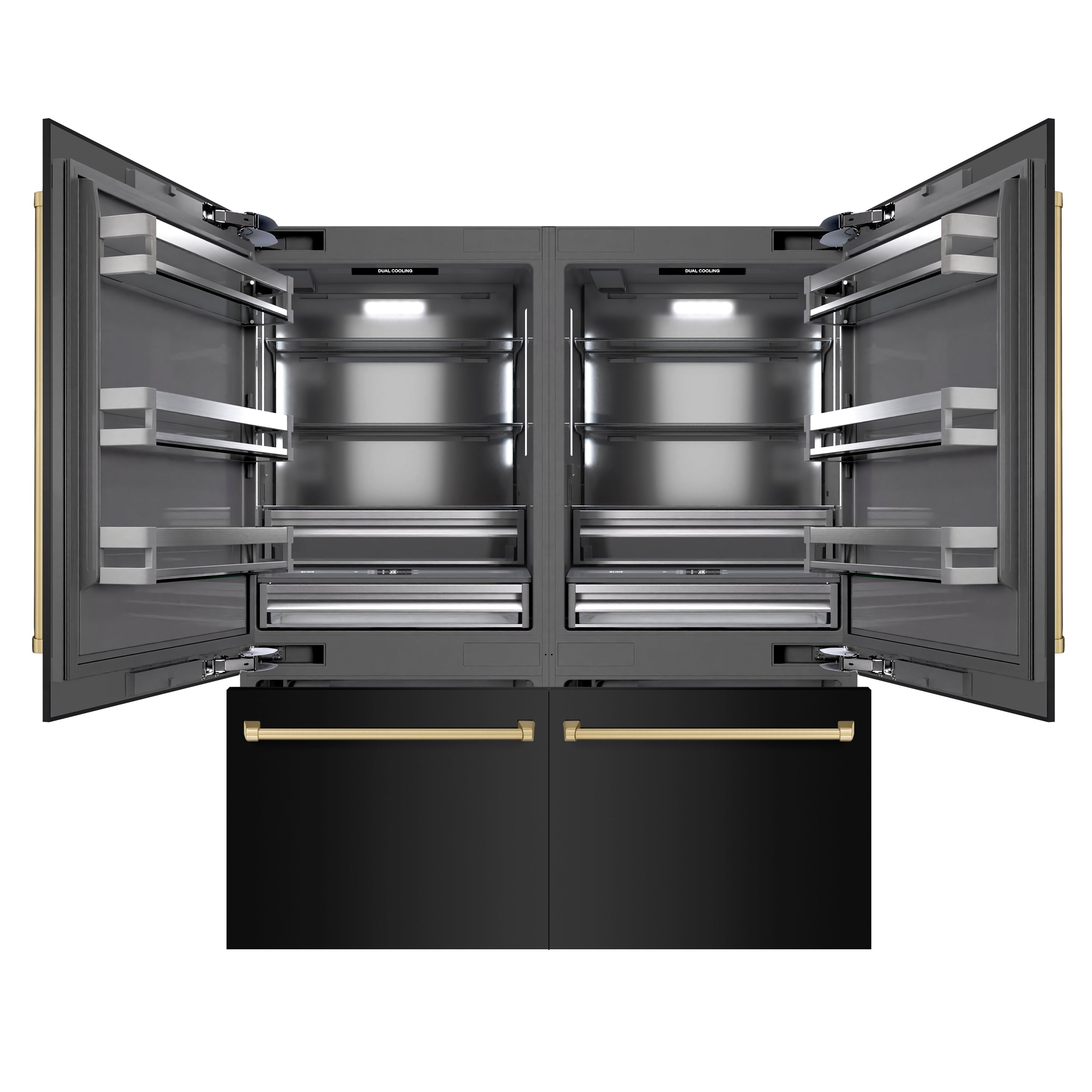 ZLINE 72 in. French Door Built-In Bottom Freezer Refrigerator 39.6 Cu. Ft. Water Dispensers Ice Makers Black Stainless Steel Graphite Gray Interior Champagne Bronze Accents (GRBITZ-BS-72-CB)