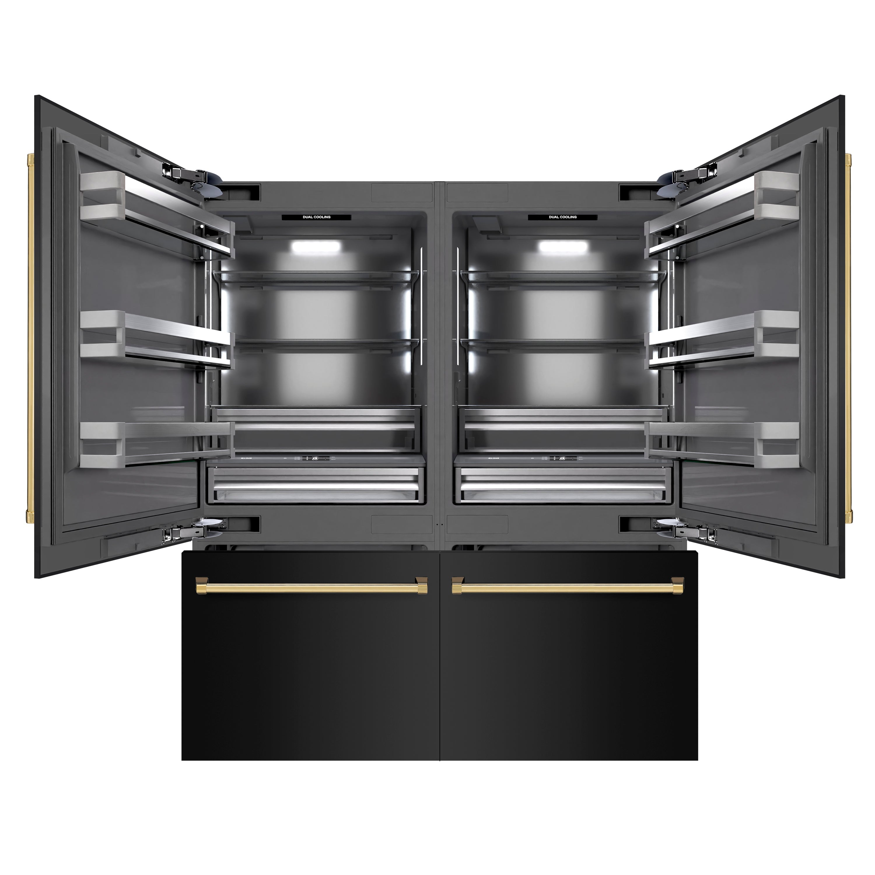 ZLINE 72 in. French Door Built-In Bottom Freezer Refrigerator 39.6 Cu. Ft. Water Dispensers Ice Makers Black Stainless Steel Graphite Gray Interior Polished Gold Accents (GRBITZ-BS-72-G)