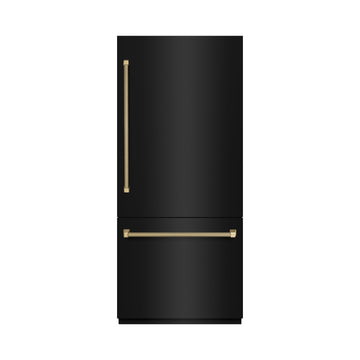 ZLINE 36 in. Built-In Bottom Freezer Refrigerator 19.8 cu. ft. Water Dispenser Ice Maker Black Stainless Steel Champagne Bronze Handles (GRBITZ-BS36-KCB)