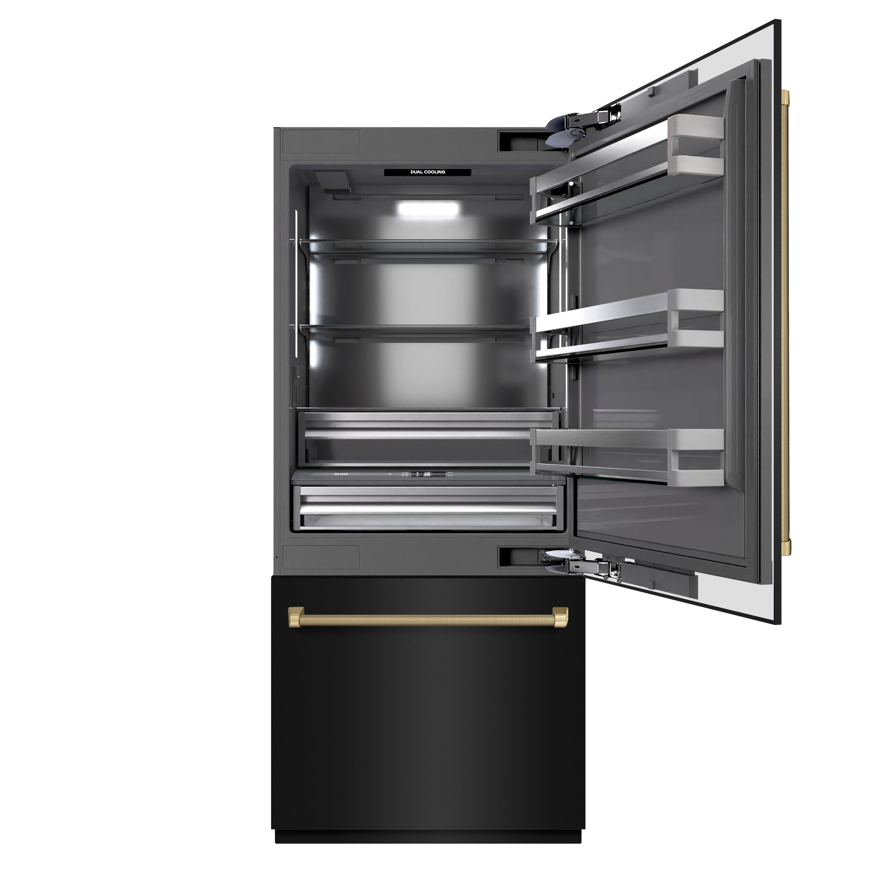 ZLINE 36 in. Built-In Bottom Freezer Refrigerator 19.8 cu. ft. Water Dispenser Ice Maker Black Stainless Steel Champagne Bronze Handles (GRBITZ-BS36-KCB)
