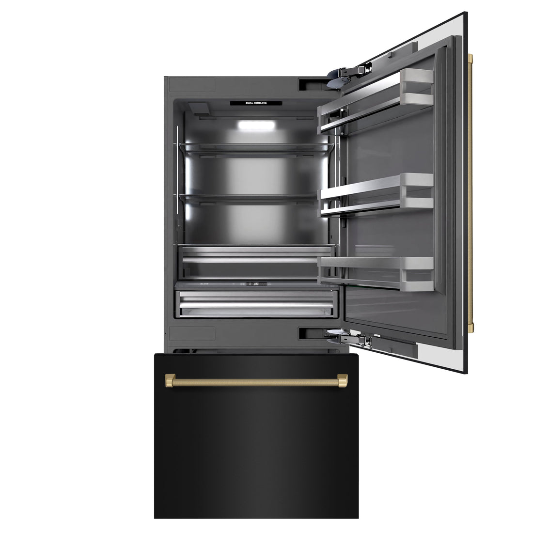 ZLINE 36 in. Built-In Bottom Freezer Refrigerator 19.8 cu. ft. Water Dispenser Ice Maker Black Stainless Steel Champagne Bronze Handles (GRBITZ-BS36-KCB)