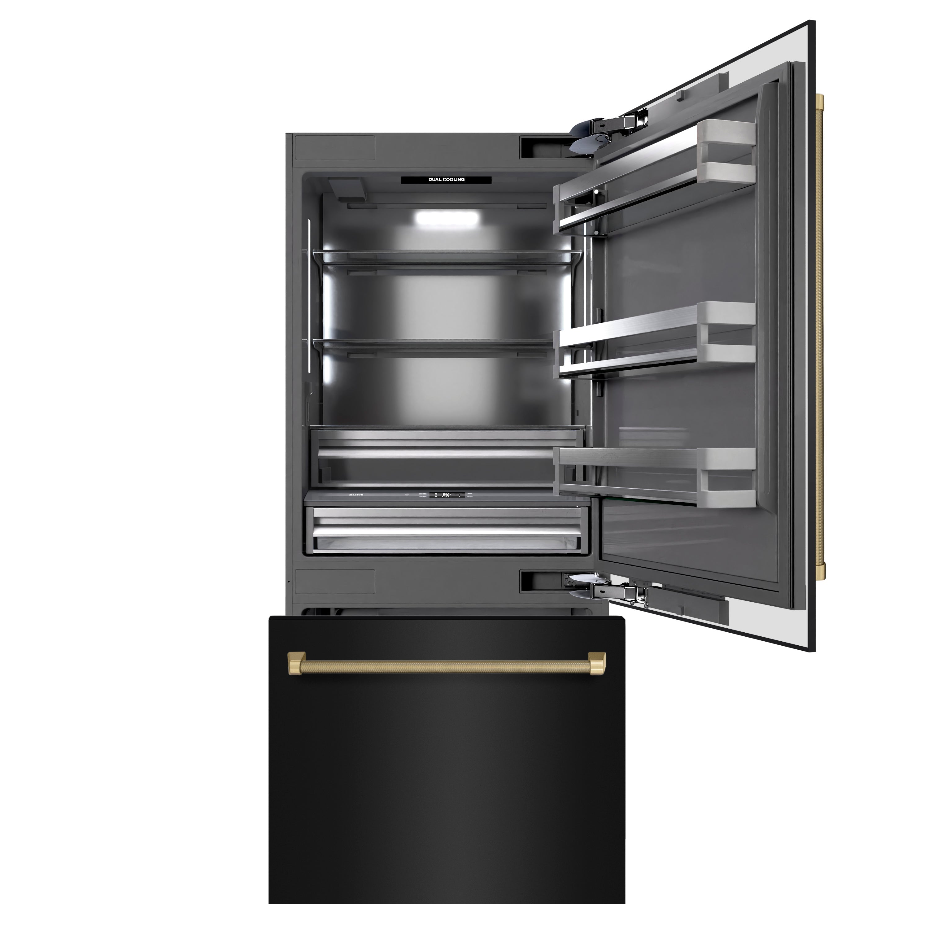 ZLINE 36 in. Built-In Bottom Freezer Refrigerator 19.8 cu. ft. Water Dispenser Ice Maker Black Stainless Steel Champagne Bronze Handles (GRBITZ-BS36-KCB)