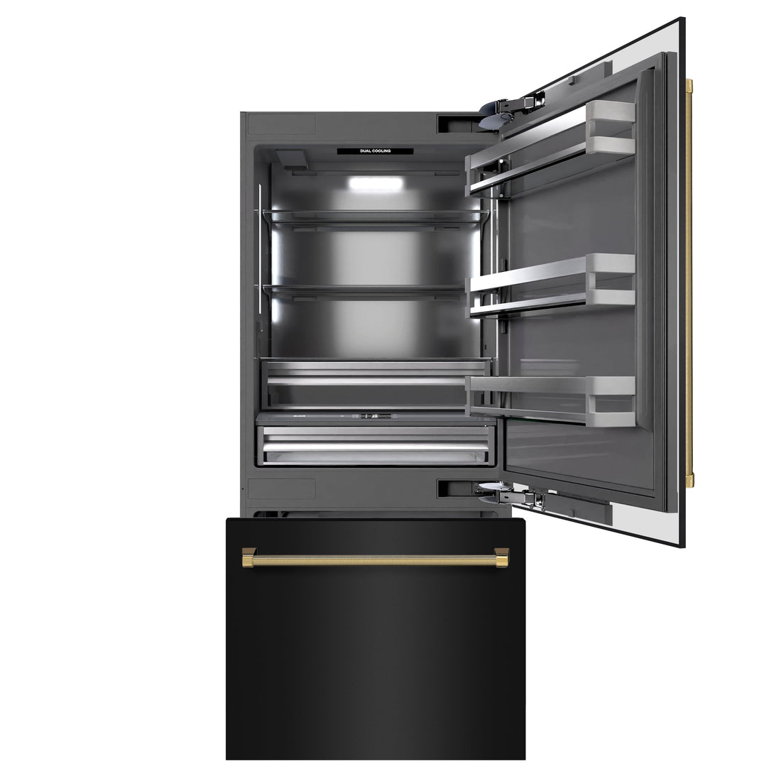 ZLINE 36 in. Built-In Bottom Freezer Refrigerator 19.8 cu. ft. Water Dispenser Ice Maker Black Stainless Steel Graphite Gray Interior Polished Gold Helix Handles (GRBITZ-BS36-KG)