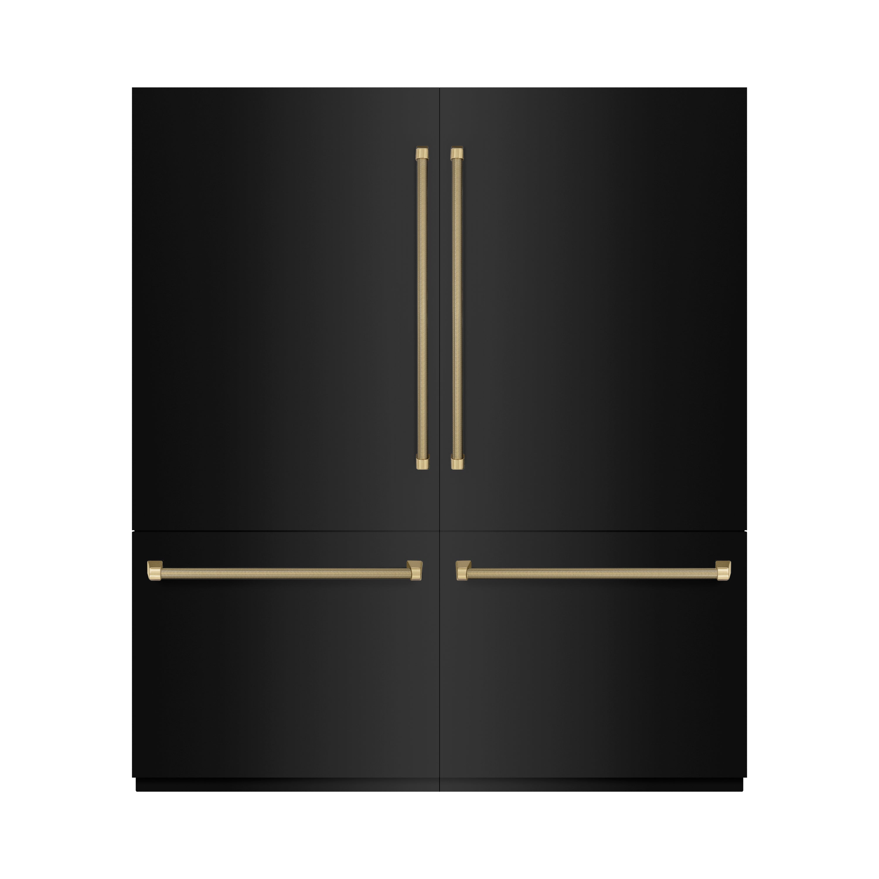 ZLINE 72 in. French Door Built-In Bottom Freezer Refrigerator 39.6 cu. ft. Water Dispensers Ice Makers Black Stainless Steel Graphite Gray Interior Champagne Bronze Helix Handles (GRBITZ-BS72-KCB)