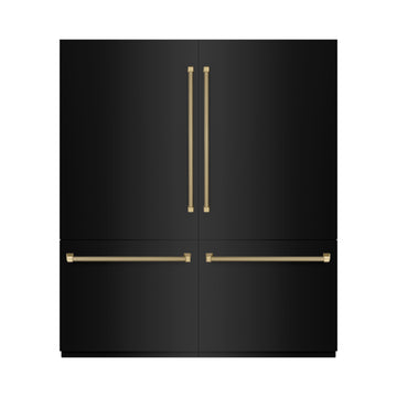 ZLINE 72 in. French Door Built-In Bottom Freezer Refrigerator 39.6 cu. ft. Water Dispensers Ice Makers Black Stainless Steel Graphite Gray Interior Champagne Bronze Helix Handles (GRBITZ-BS72-KCB)