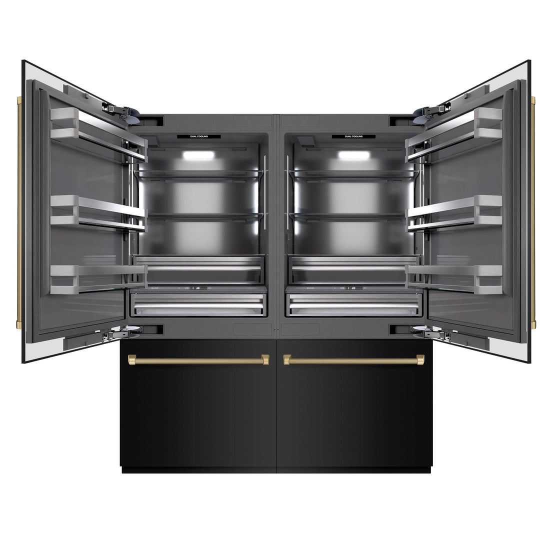 ZLINE 72 in. French Door Built-In Bottom Freezer Refrigerator 39.6 cu. ft. Water Dispensers Ice Makers Black Stainless Steel Graphite Gray Interior Champagne Bronze Helix Handles (GRBITZ-BS72-KCB)
