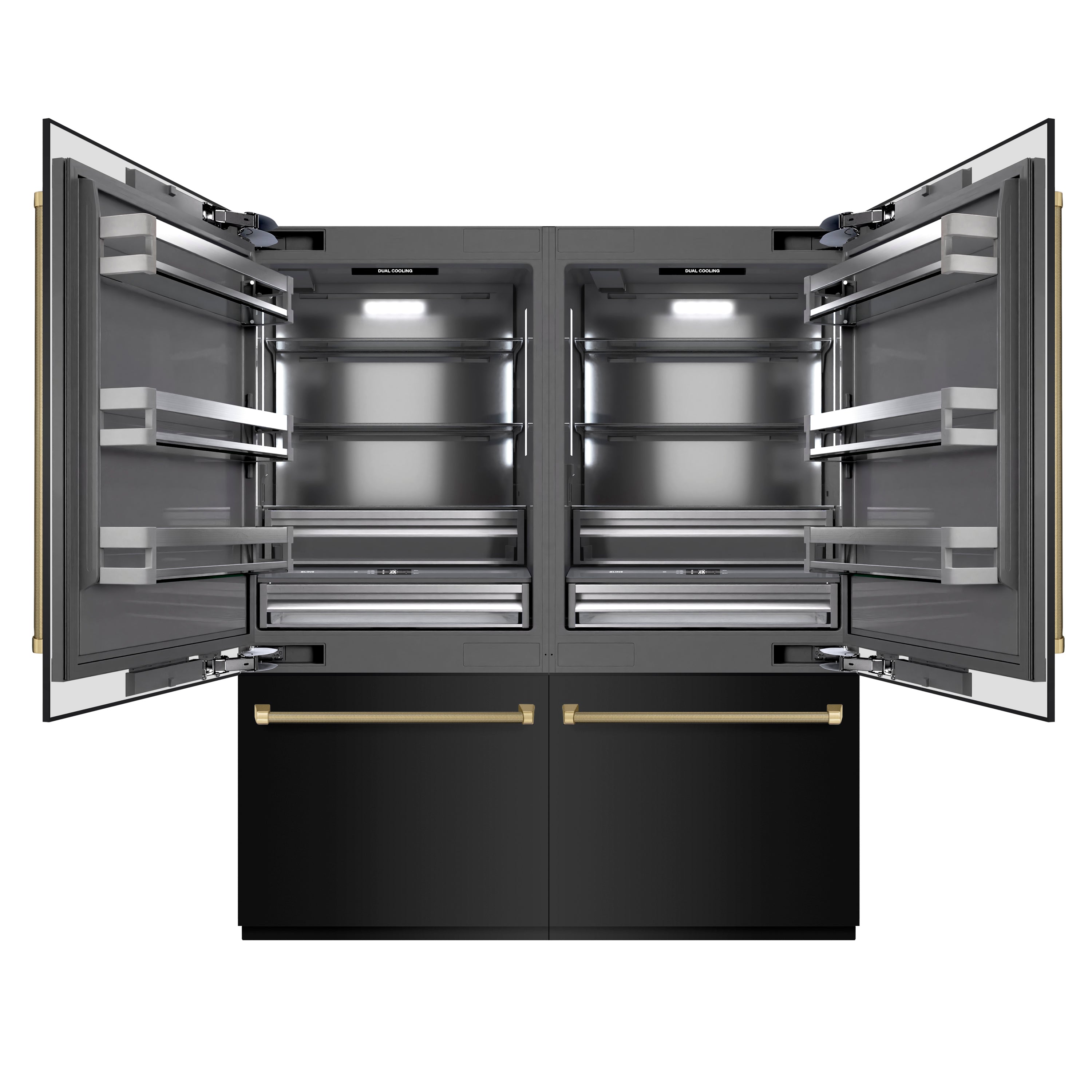 ZLINE 72 in. French Door Built-In Bottom Freezer Refrigerator 39.6 cu. ft. Water Dispensers Ice Makers Black Stainless Steel Graphite Gray Interior Champagne Bronze Helix Handles (GRBITZ-BS72-KCB)