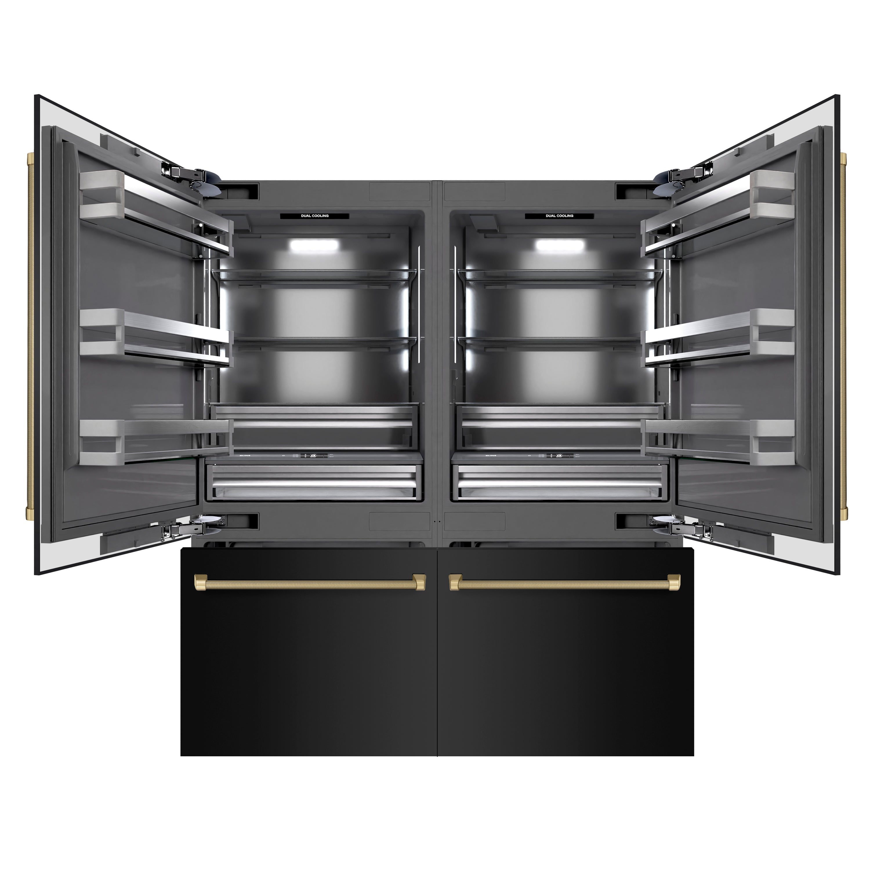 ZLINE 72 in. French Door Built-In Bottom Freezer Refrigerator 39.6 cu. ft. Water Dispensers Ice Makers Black Stainless Steel Graphite Gray Interior Champagne Bronze Helix Handles (GRBITZ-BS72-KCB)