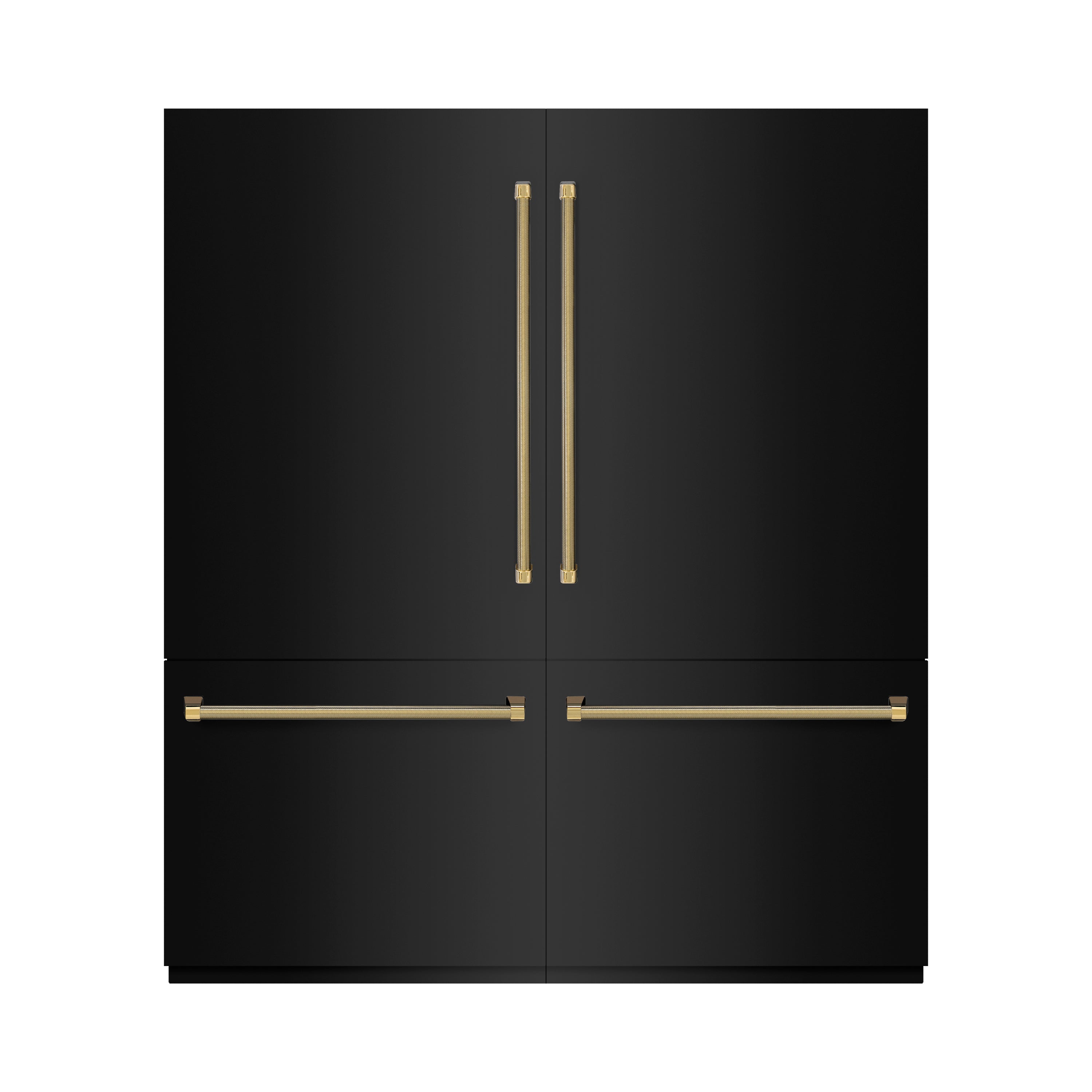 ZLINE 72 in. French Door Built-In Bottom Freezer Refrigerator 39.6 cu. ft. Black Stainless Steel, Water Dispensers, Ice Makers, Graphite Gray Interior, Polished Gold Helix Handles (GRBITZ-BS-72-KG)