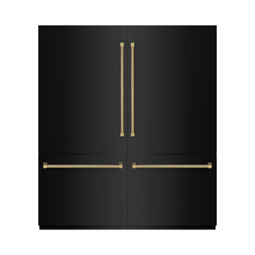 ZLINE 72 in. French Door Built-In Bottom Freezer Refrigerator 39.6 cu. ft. Black Stainless Steel, Water Dispensers, Ice Makers, Graphite Gray Interior, Polished Gold Helix Handles (GRBITZ-BS-72-KG)