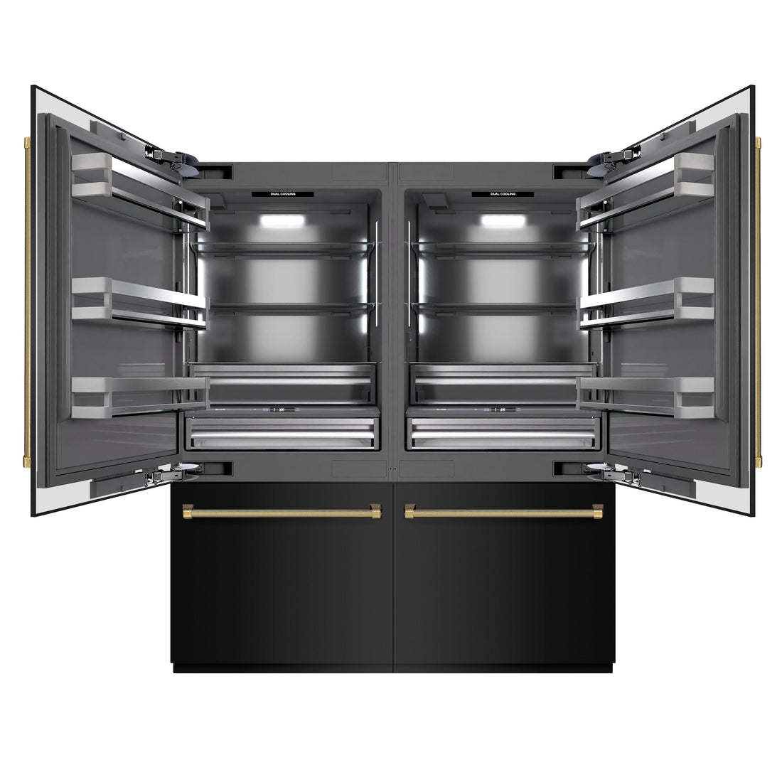 ZLINE 72 in. French Door Built-In Bottom Freezer Refrigerator 39.6 cu. ft. Black Stainless Steel, Water Dispensers, Ice Makers, Graphite Gray Interior, Polished Gold Helix Handles (GRBITZ-BS-72-KG)