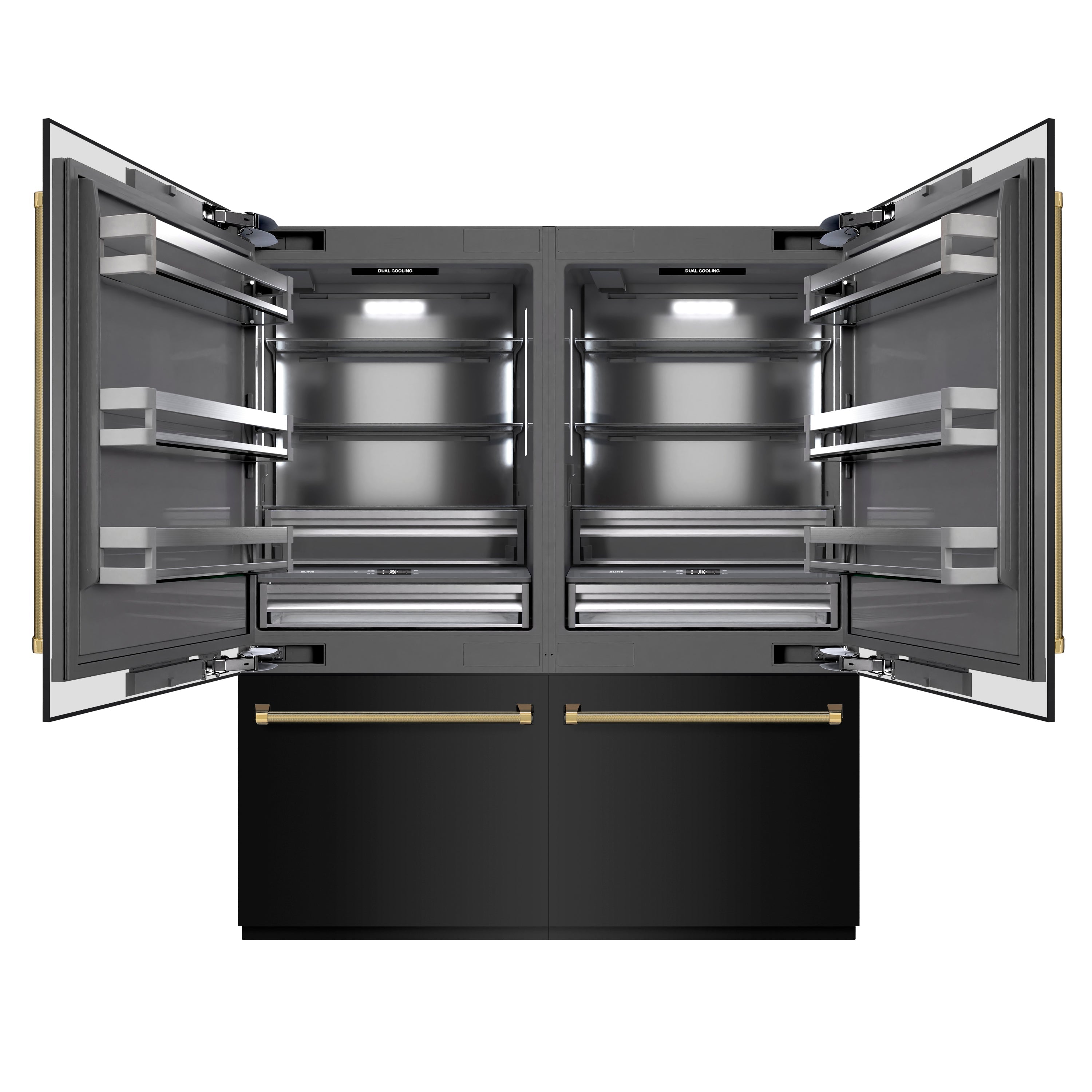 ZLINE 72 in. French Door Built-In Bottom Freezer Refrigerator 39.6 cu. ft. Black Stainless Steel, Water Dispensers, Ice Makers, Graphite Gray Interior, Polished Gold Helix Handles (GRBITZ-BS-72-KG)