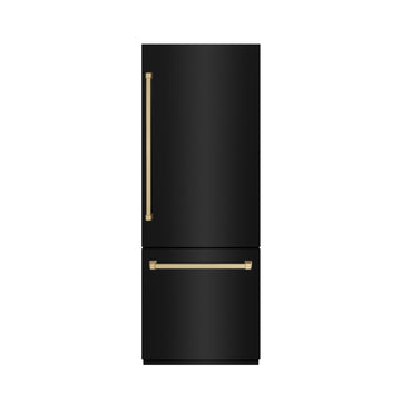 ZLINE 30 in. Built-In Bottom Freezer Refrigerator 16.1 Cu. Ft. Black Stainless Steel, Water Dispenser, Ice Maker, Champagne Bronze Accents (GRBIVZ-BS-30-CB)