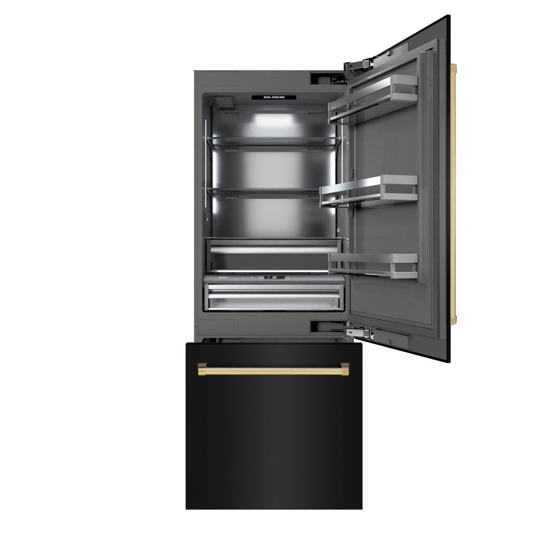 ZLINE 30 in. Built-In Bottom Freezer Refrigerator 16.1 cu. ft. with Water Dispenser, Ice Maker, Black Stainless Steel, Polished Gold Accents (GRBIVZ-BS-30-G)