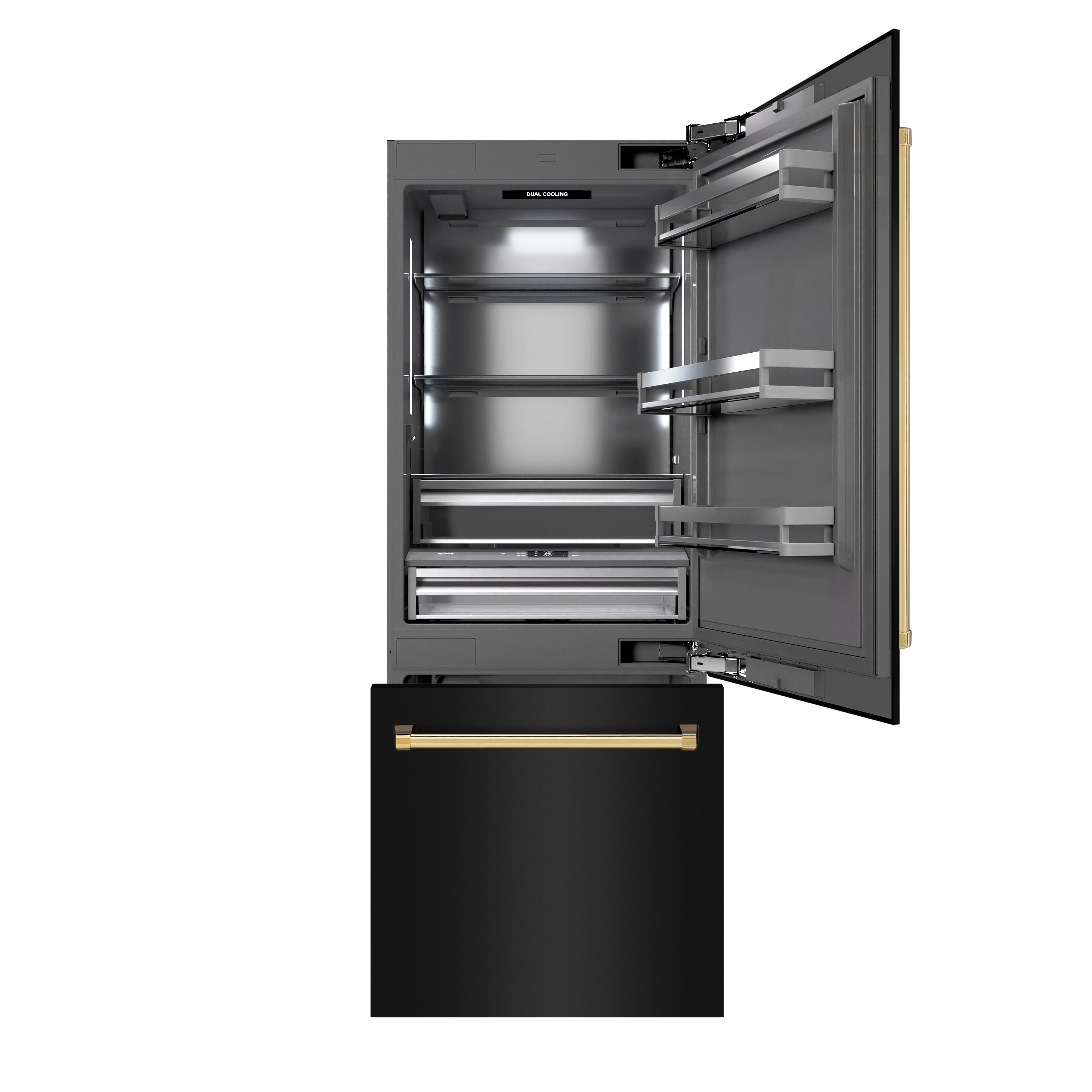 ZLINE 30 in. Built-In Bottom Freezer Refrigerator 16.1 cu. ft. with Water Dispenser, Ice Maker, Black Stainless Steel, Polished Gold Accents (GRBIVZ-BS-30-G)