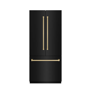 ZLINE 36 in. Built-In French Door Bottom Freezer Refrigerator 19.6 cu. ft. Water Dispenser Ice Maker Black Stainless Steel Graphite Gray Interior Champagne Bronze Accents (GRBIVZ-BS-36-CB)